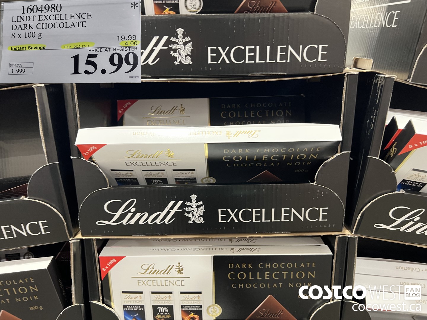 1604980 LINDT EXCELLENCE DARK CHOCOLATE 8 x 100 g ($4.00 INSTANT SAVINGS EXPIRES ON 2022-12-11) $15.99
