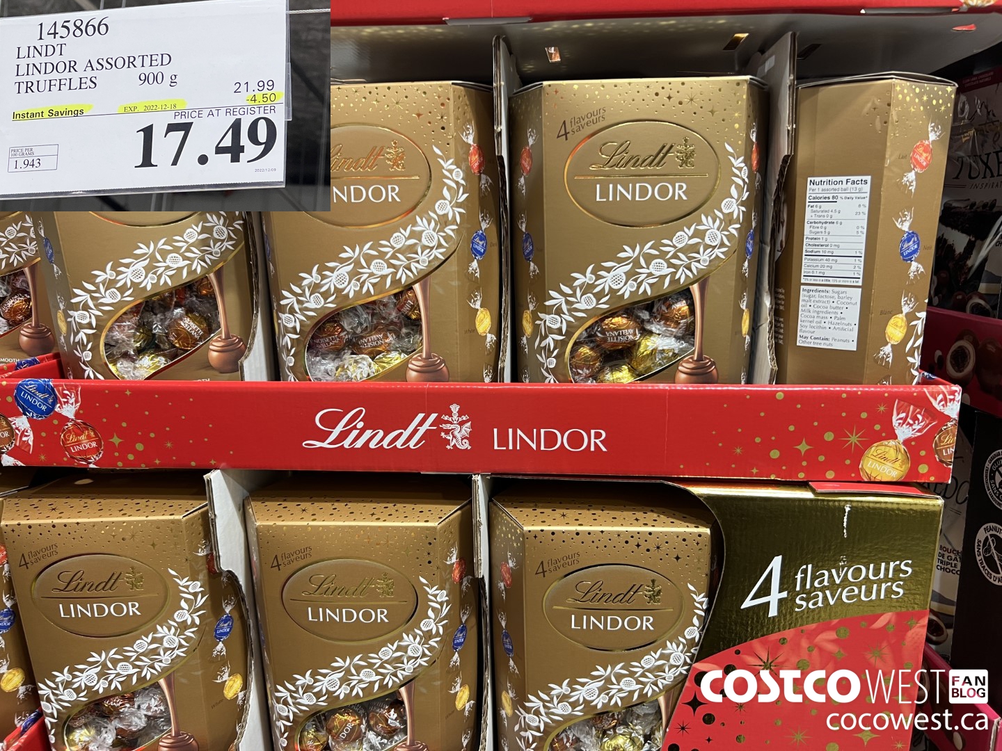 145866 LINDT LINDOR ASSORTED TRUFFLES 900g ($4.50 INSTANT SAVINGS EXPIRES ON 2022-12-18) $17.49