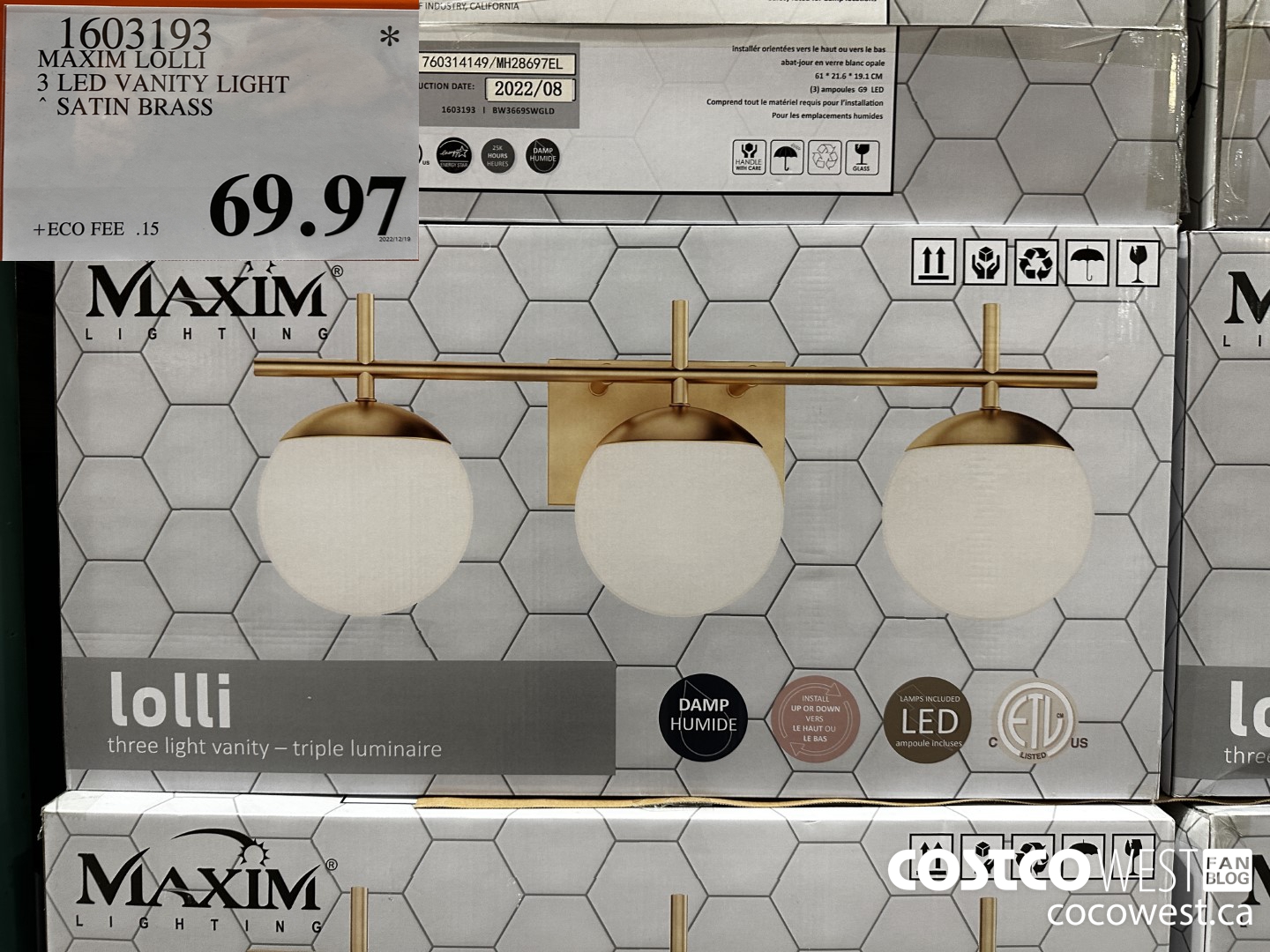 1603193 MAXIM LOLLI 3 LED VANITY LIGHT SATIN BRASS $69.97