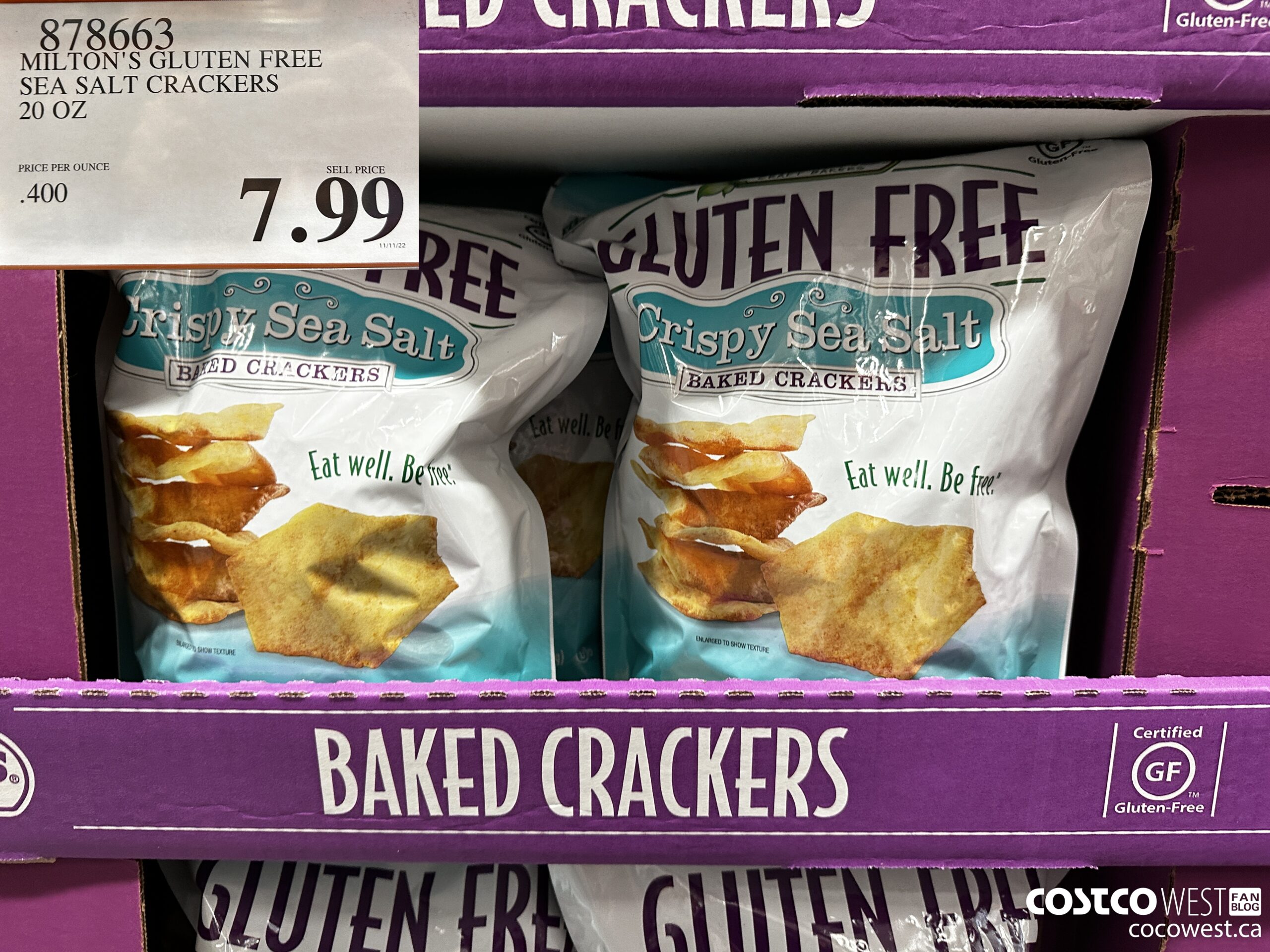 878663 MILTON'S GLUTEN FREE SEA SALT CRACKERS 20 OZ  $7.99