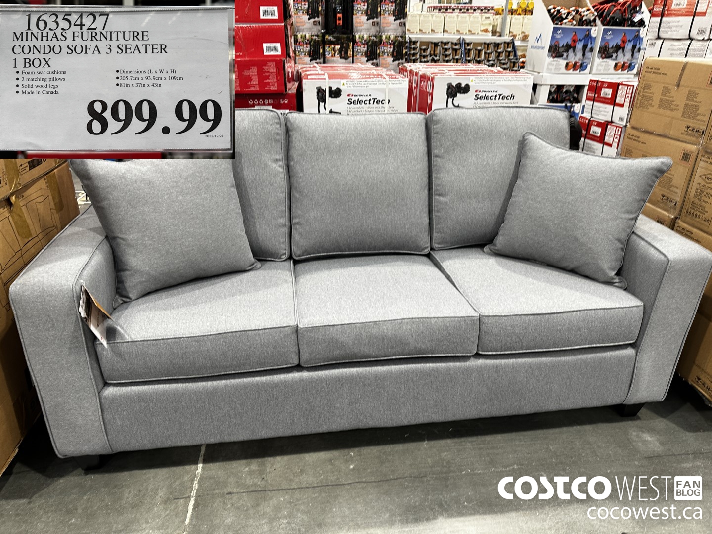 1635427 MINHAS FURNITURE CONDO SOFA 3 SEATER 1 BOX $899.99