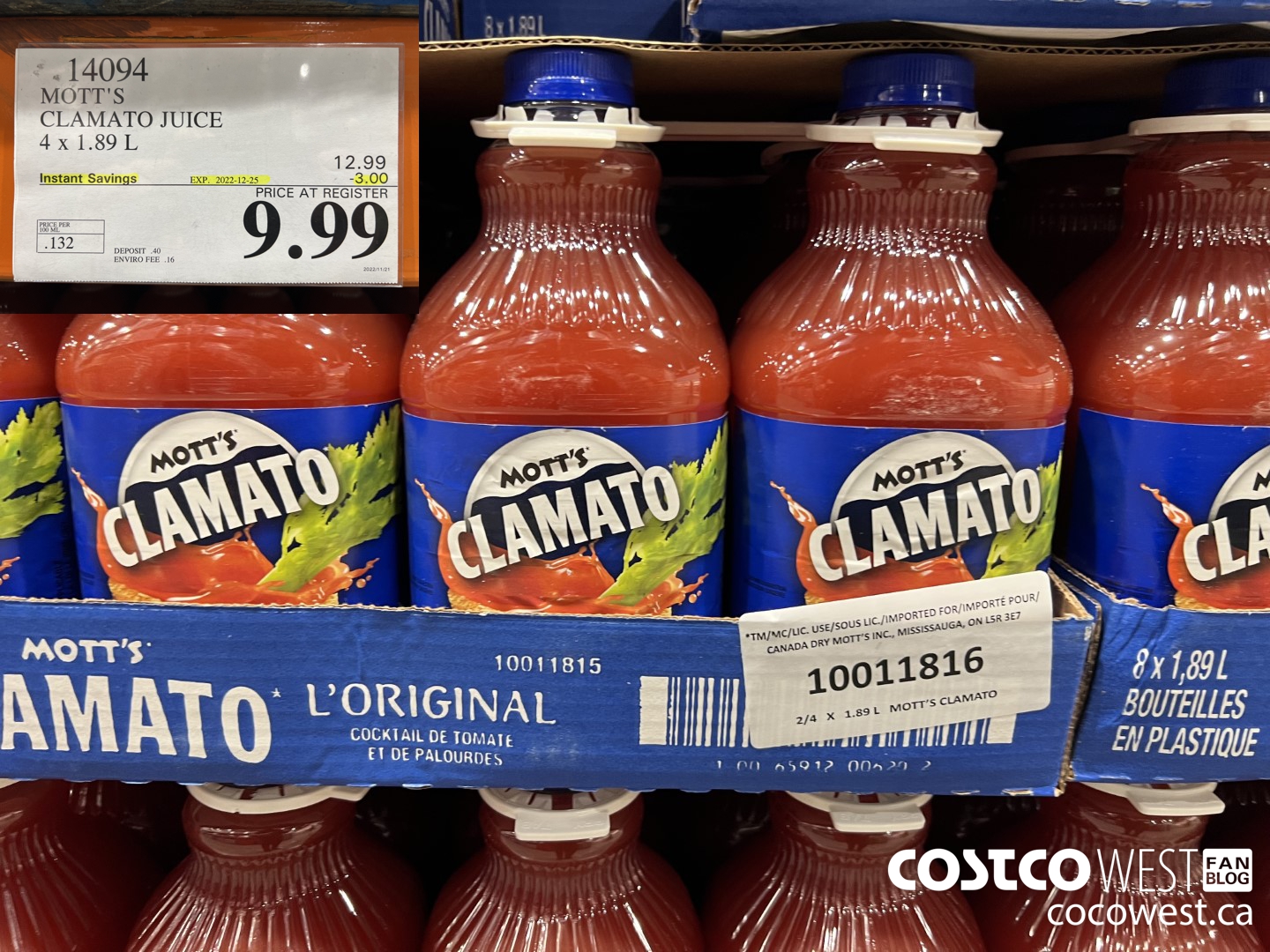 14094 MOTTS CLAMATO JUICE 4 X 1.89 L ($3.00 INSTANT SAVINGS EXPIRES ON 2022-12-25) $9.99