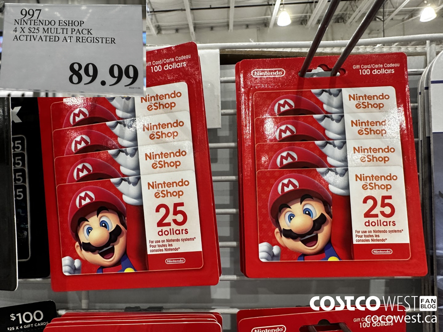 997 NINTENDO ESHOP 4 X $25 MULTI PACK ACTIVATED AT REGISTER $89.99