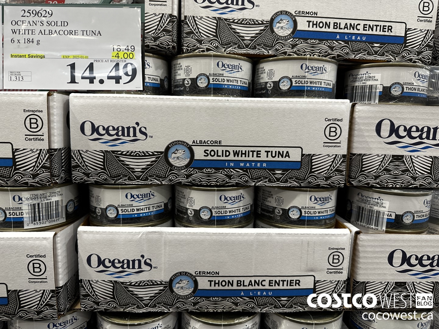 259629 OCEAN'S SOLID WHITE TUNA 6 X 184 G ($4.00 INSTANT SAVINGS EXPIRES ON 2023-01-01) $14.49