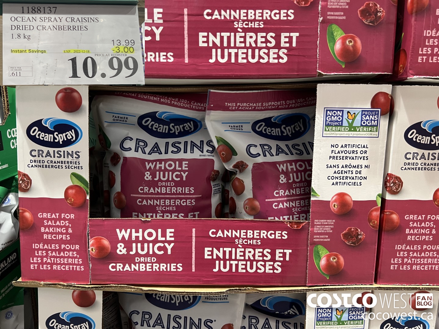 1188137 OCEAN SPRAY CRAISINS 1.8 KG ($3.00 INSTANT SAVINGS EXPIRES ON 2022-12-18) $10.99