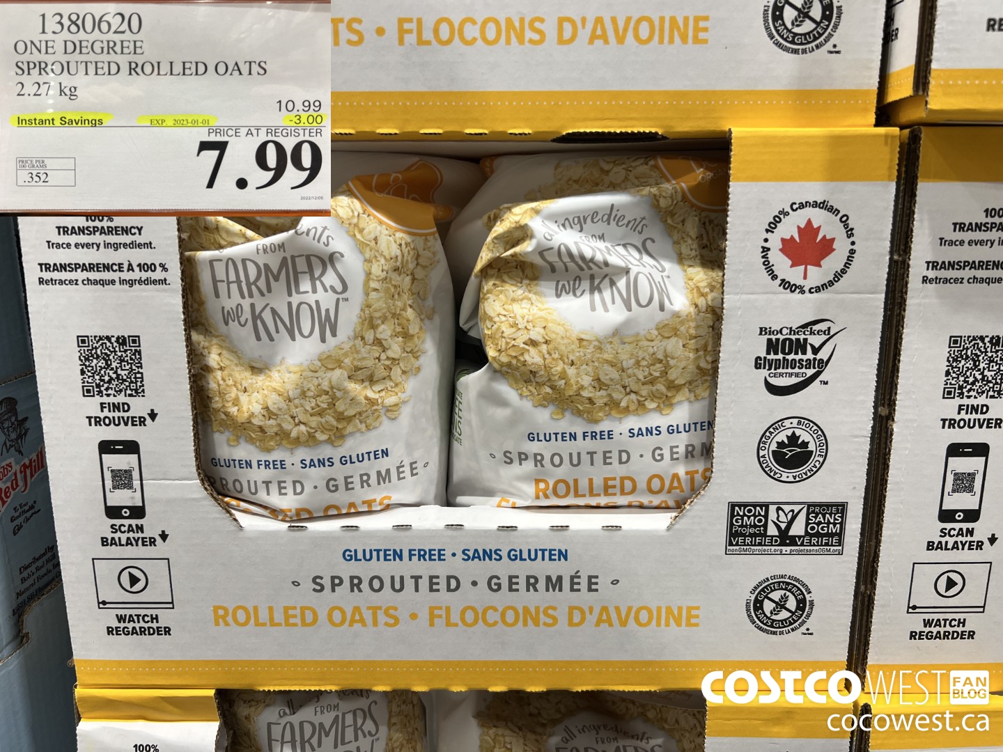 1380620 ONE DEGREE SPROUTED ROLLED OATS 2.27 KG ($3.00 INSTANT SAVINGS EXPIRES ON 2023-01-01) $7.99