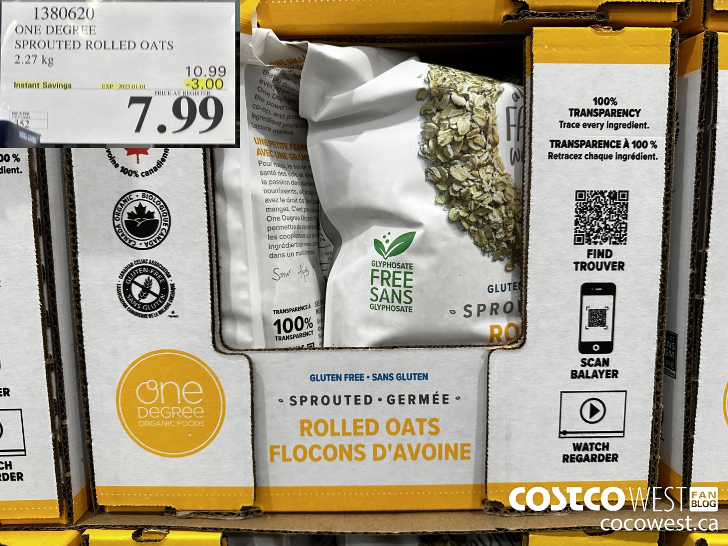 1380620 ONE DEGREE SPROUTED ROLLED OATS 2.27 KG ($3.00 INSTANT SAVINGS EXPIRES ON 2023-01-01) $7.99