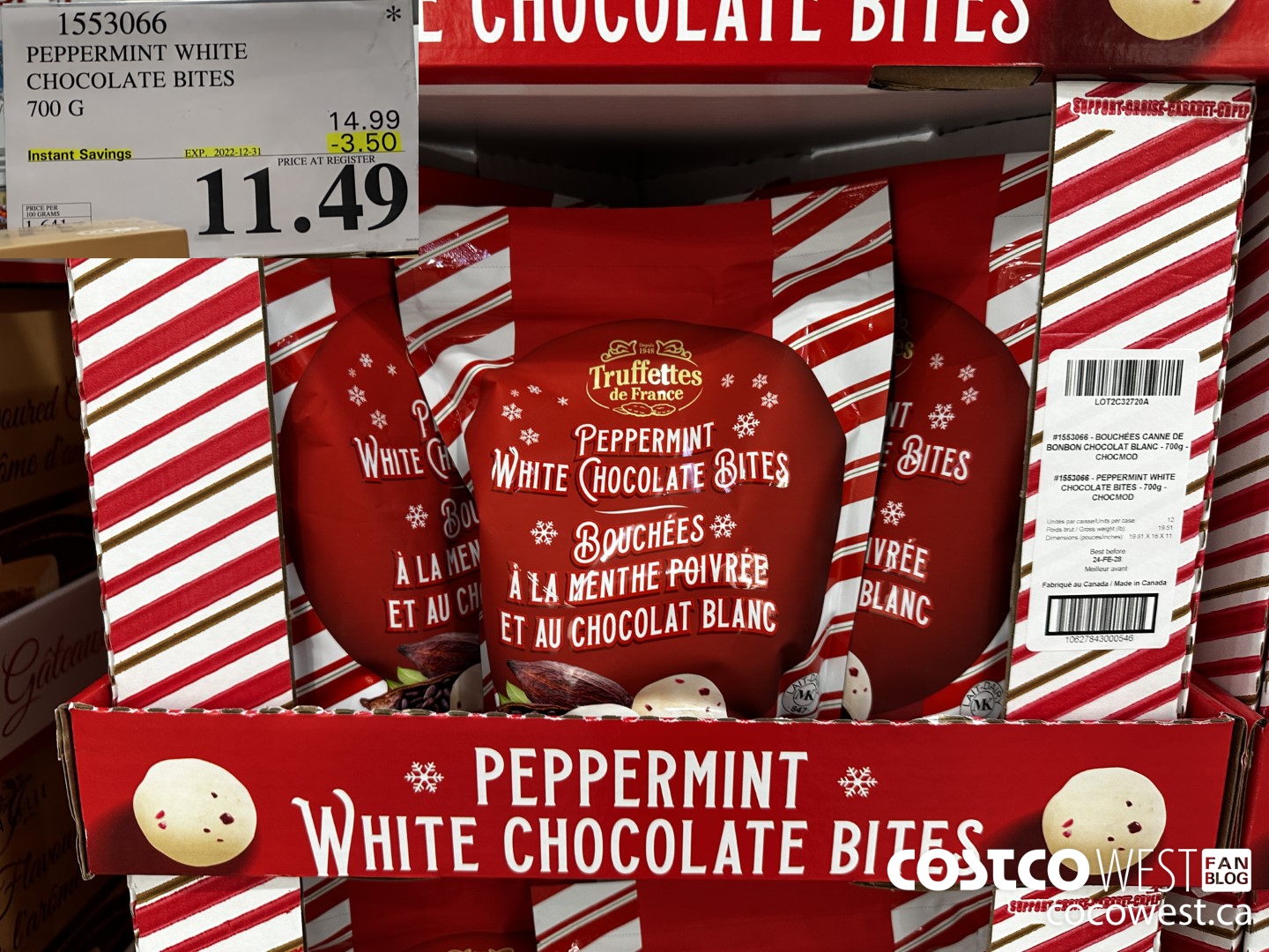 1553066 PEPPERMINT WHITE CHOCOLATE BITES 700 G  ($3.50 INSTANT SAVINGS EXPIRES ON 2022-12-31) $11.49