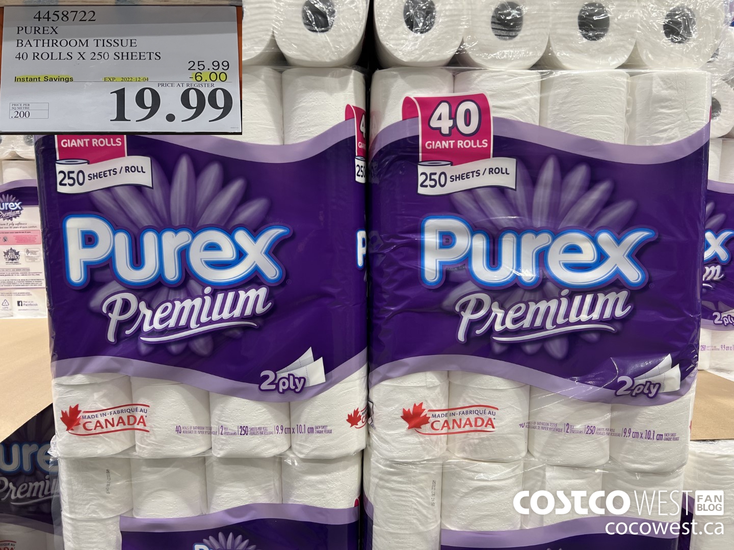 4458722 PUREX BATHROOM TISSUE 40 ROLLS X 250 SHEETS ($6.00 INSTANT SAVINGS EXPIRES ON 2022-12-04) $19.99