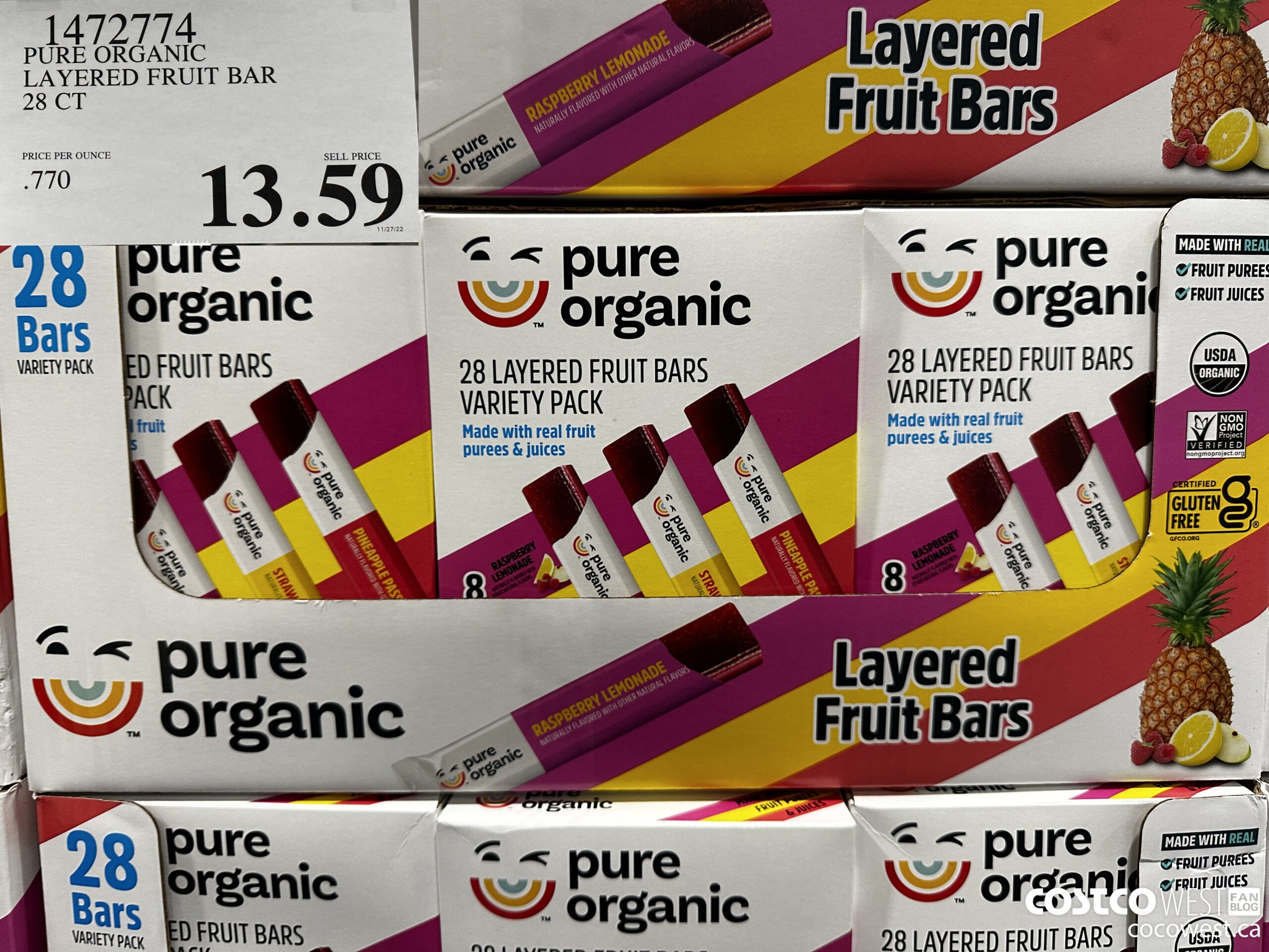 1472774 PURE ORGANIC LAYERED FRUIT BAR 28 CT $13.59