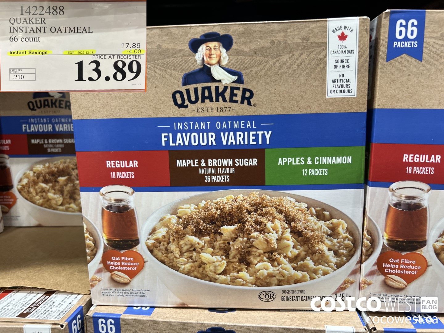1422488 QUAKER INSTANT OATMEAL 66 COUNT ($4.00 INSTANT SAVINGS EXPIRES ON 2022-12-18) $13.89