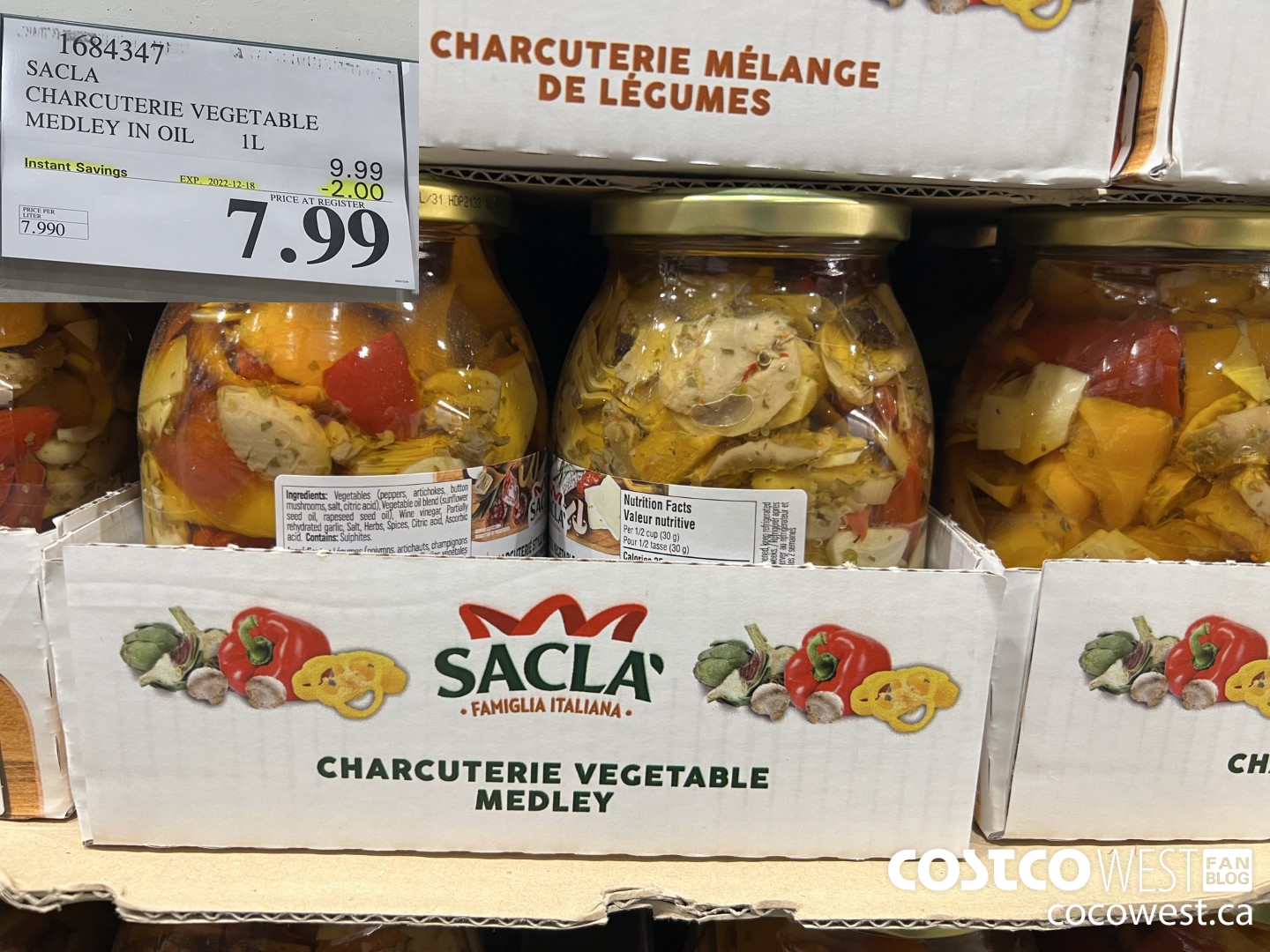 1684347 SACLA CHARCUTERIE VEGETABLE MEDLEY IN OIL 1L ($2.00 INSTANT SAVINGS EXPIRES ON 2022-12-18) $7.99