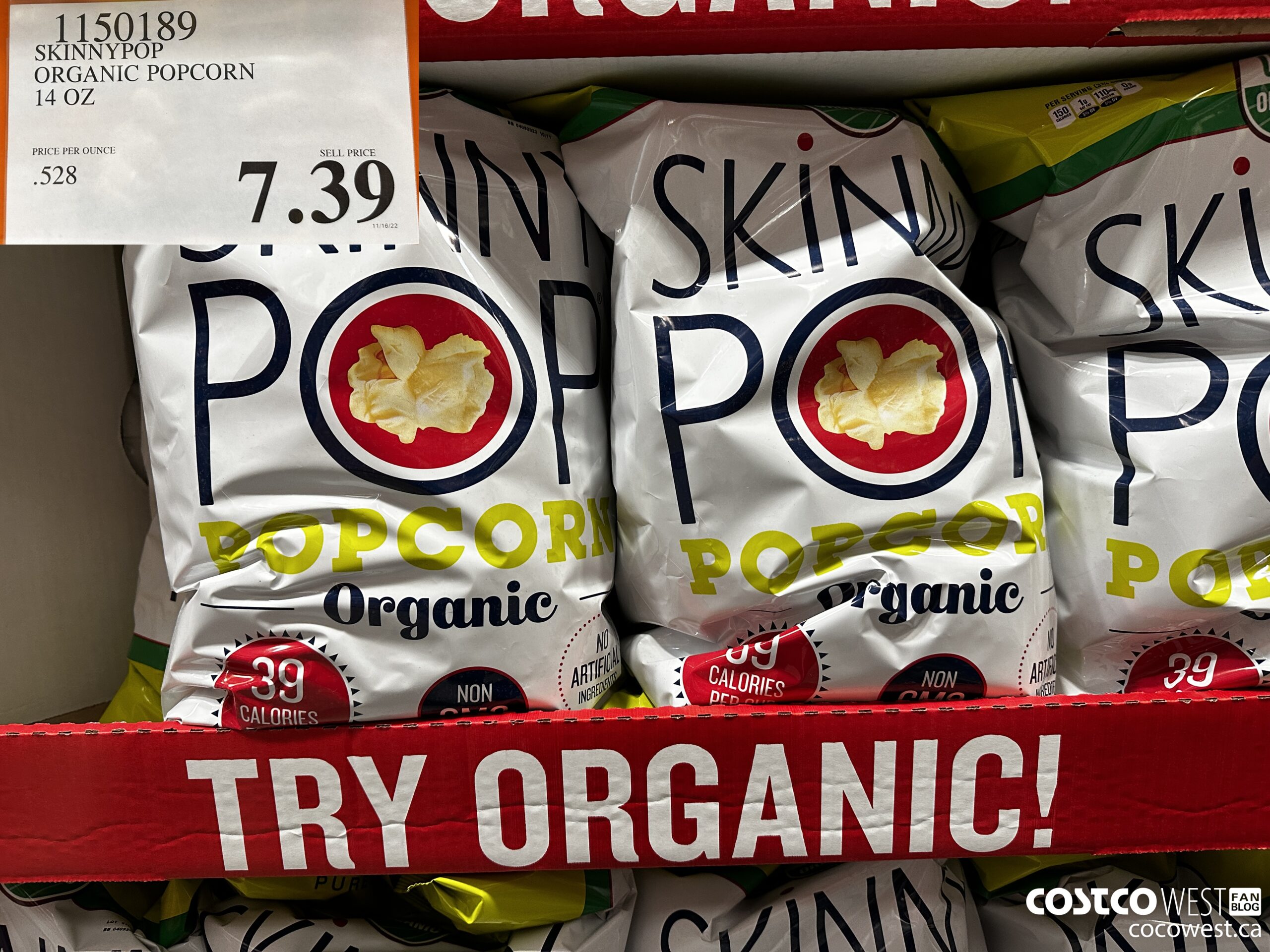 1150189 SKINNYPOP ORGANIC POPCORN 14 OZ $7.39