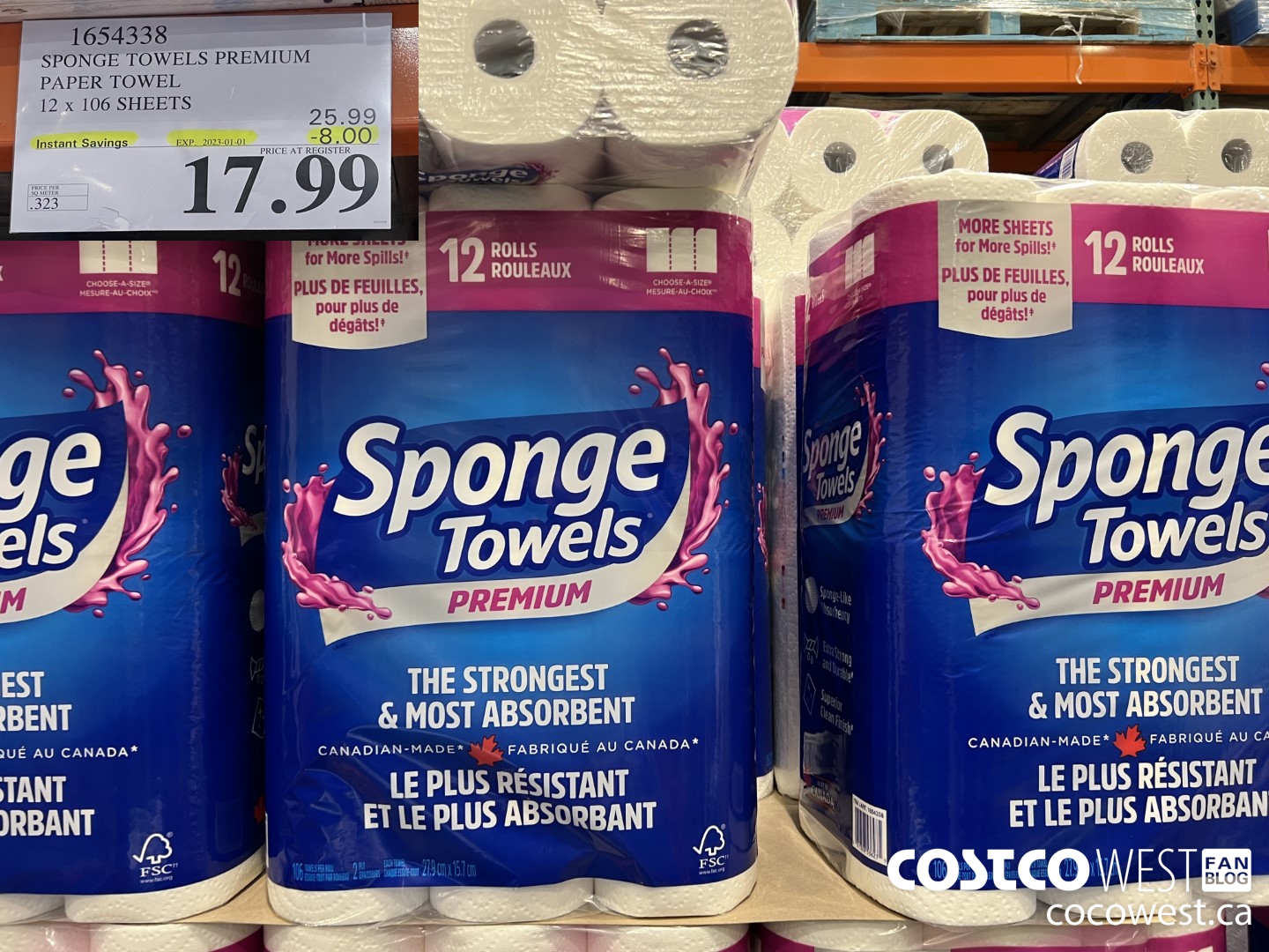 1654338 SPONGE TOWELS PREMIUM PAPER TOWEL 12 X 106 SHEETS ($8.00 INSTANT SAVINGS EXPIRES ON 2023-01-01) $17.99
