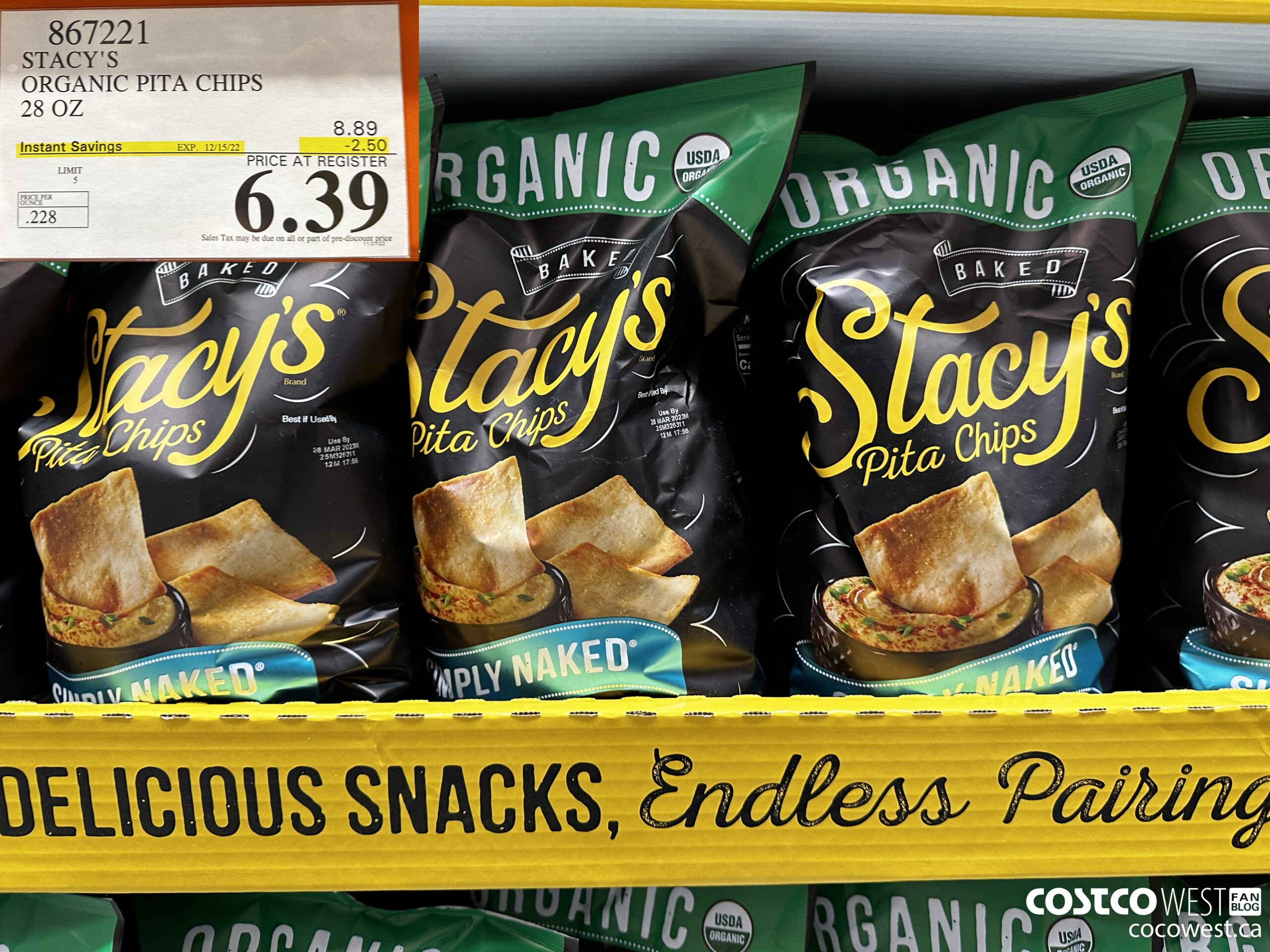 867221 STACY'S ORGANIC PITA CHIPS 28 OZ ($2.50 INSTANT SAVINGS EXPIRES ON 2022-12-15) $6.39