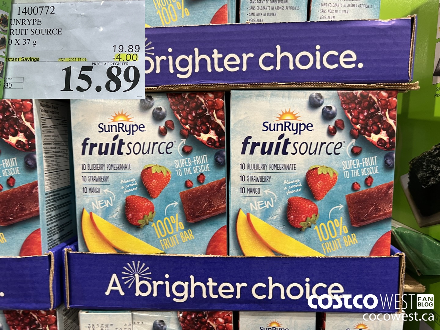1400772 SUNRYPE FRUIT SOURCE 30 X 37 G ($4.00 INSTANT SAVINGS EXPIRES ON 2022-12-04) $15.89