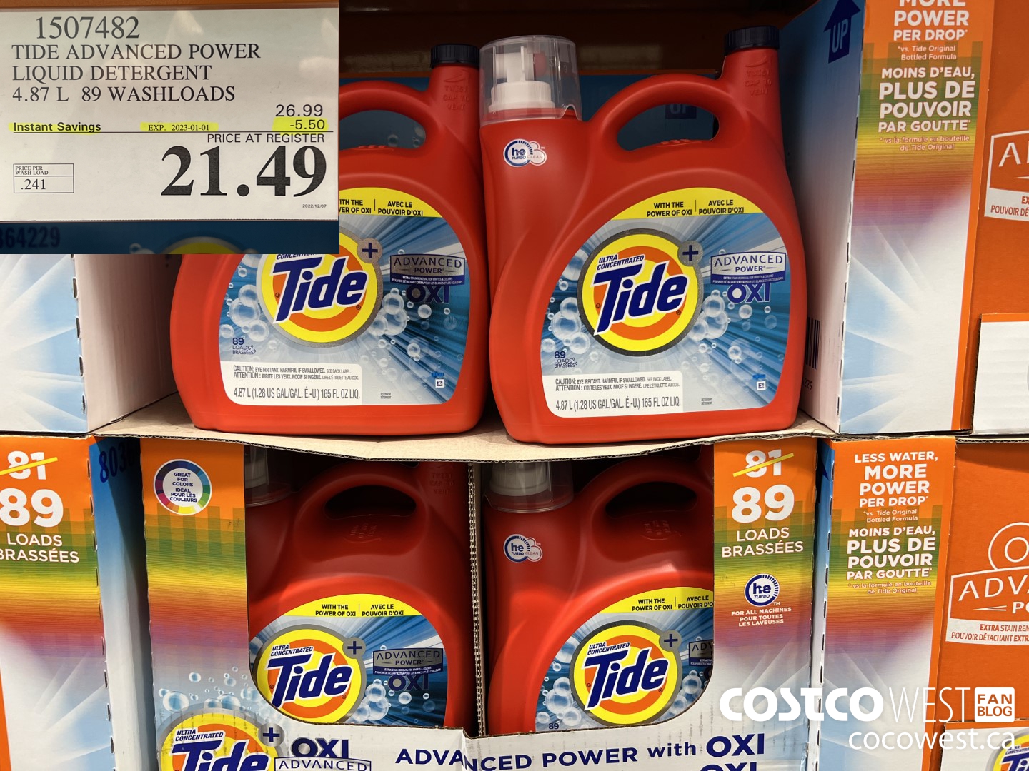 1507482 TIDE ADVANCED POWER LIQUID DETERGENT 4.87 L 89 WASHLOADS ($5.50 INSTANT SAVINGS EXPIRES ON 2023-01-01) $21.49