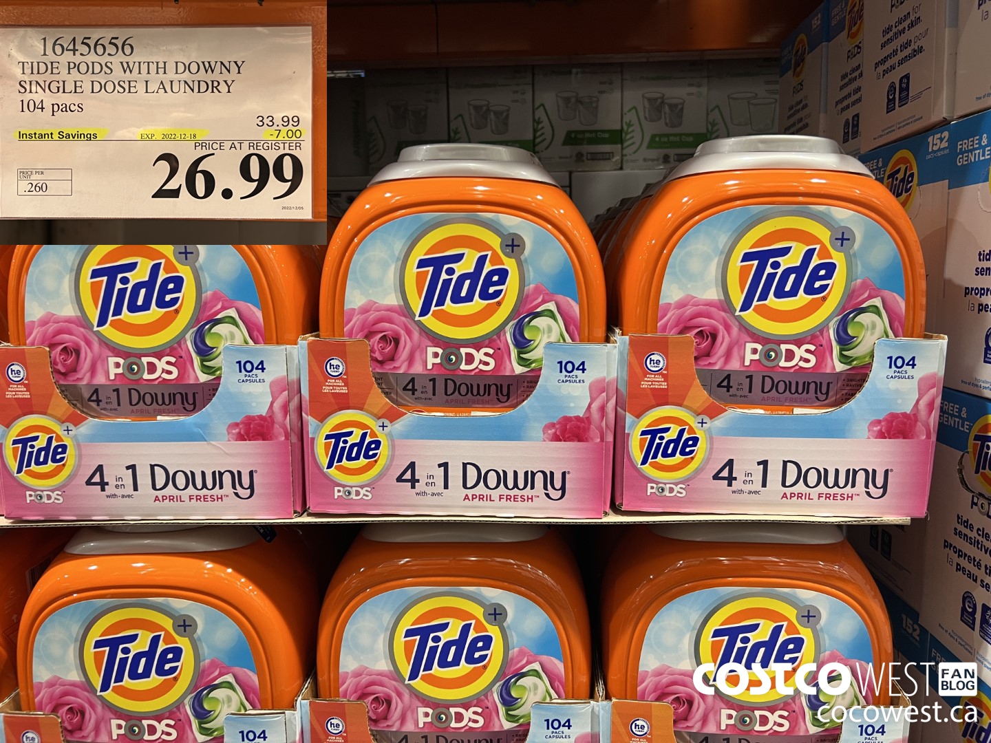 1645656 TIDE PODS WITH DOWNY SINGLE DOSE LAUNDRY 104 PACS ($7.00 INSTANT SAVINGS EXPIRES ON 2022-12-18) $26.99