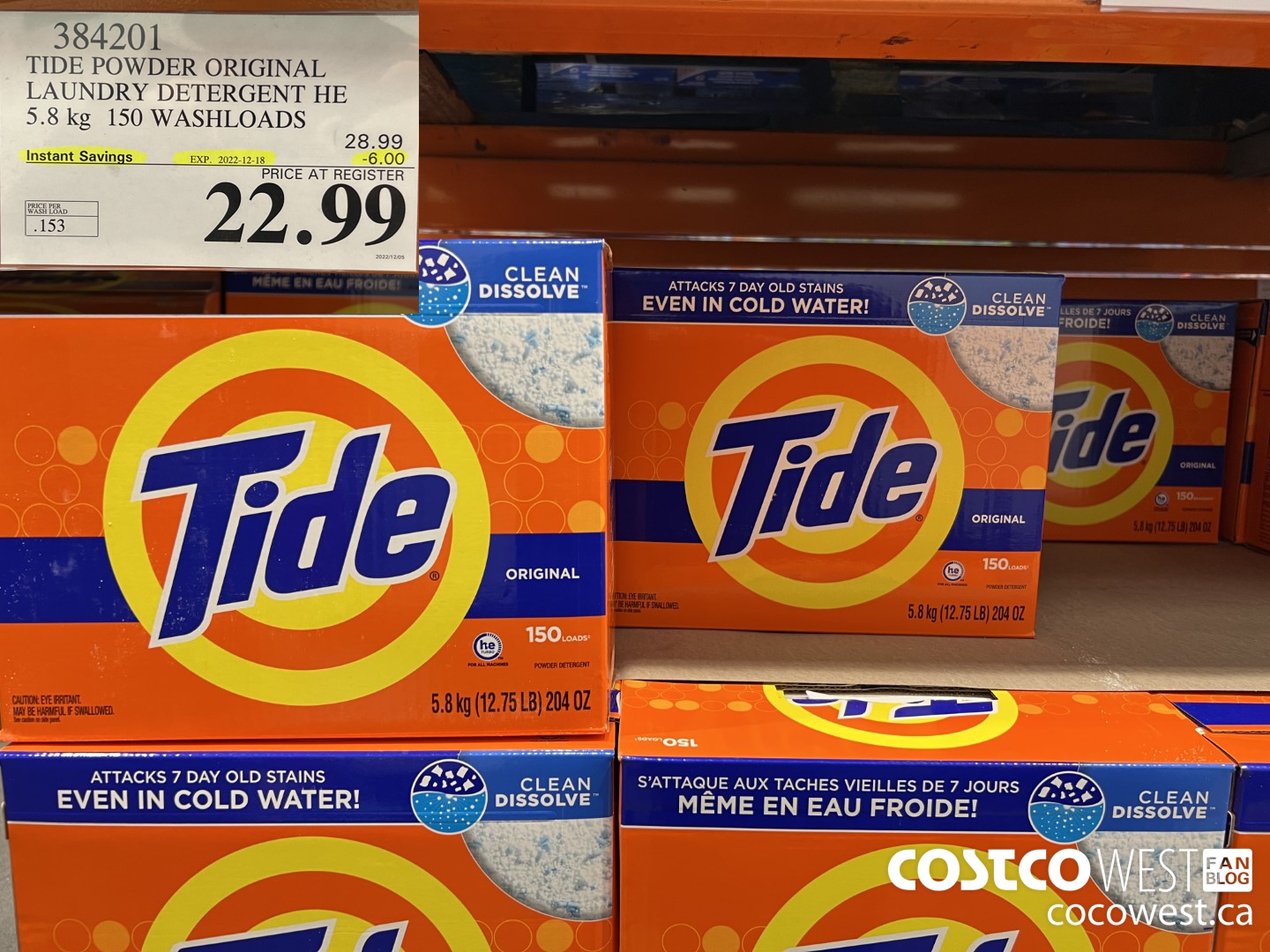 384201 TIDE POWDER ORIGINAL LAUNDRY DETERGENT HE 5.8 KG 150 WASHLOADS ($6.00 INSTANT SAVINGS EXPIRES ON 2022-12-18) $22.99