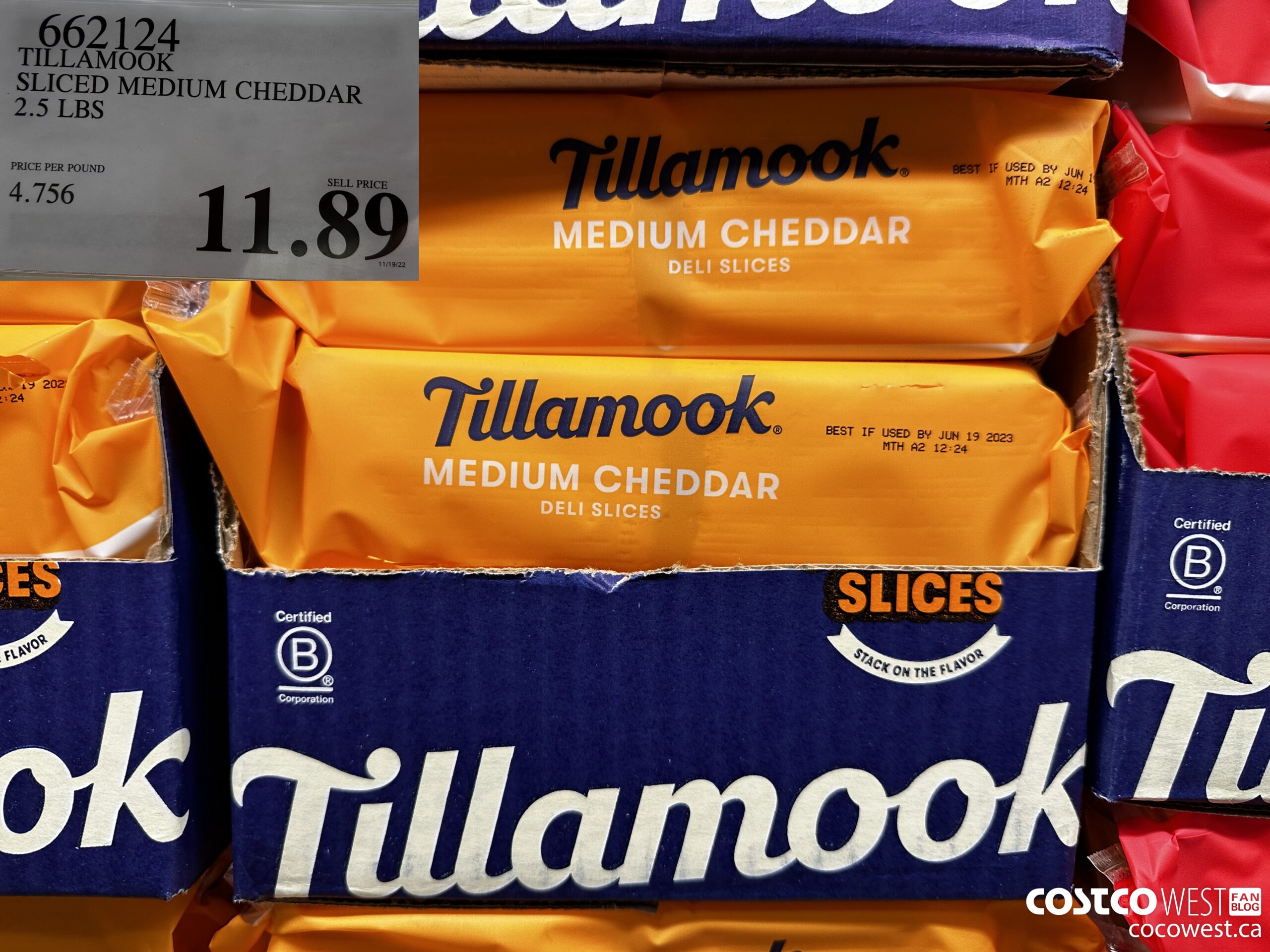662124 TILLAMOOK SLICED MEDIUM CHEDDAR 2.5 LBS  $11.89