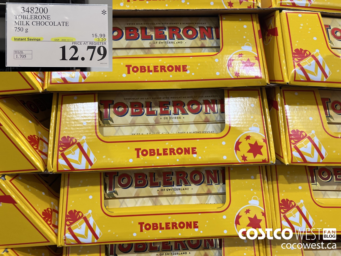 348200 TOBLERONE MILK CHOCOLATE 750 G ($3.20 INSTANT SAVINGS EXPIRES ON 2022-12-11) $12.79
