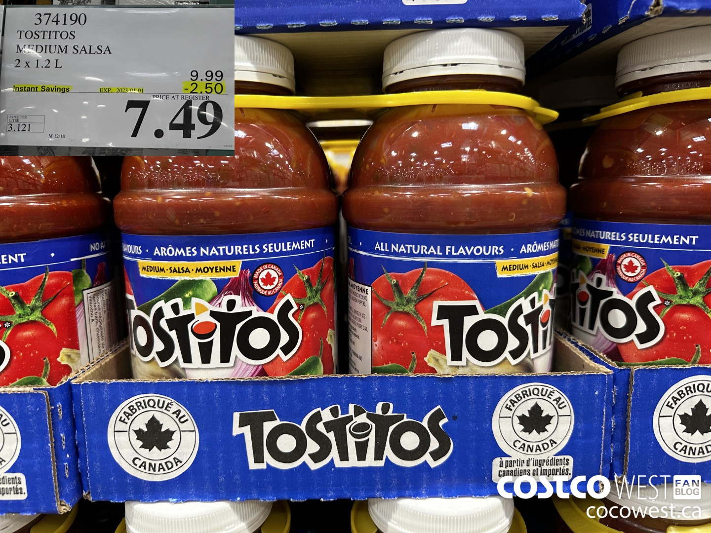 374190 TOSTITOS MEDIUM SALSA 2 X 1.2 L ($2.50 INSTANT SAVINGS EXPIRES ON 2023-01-01) $7.49