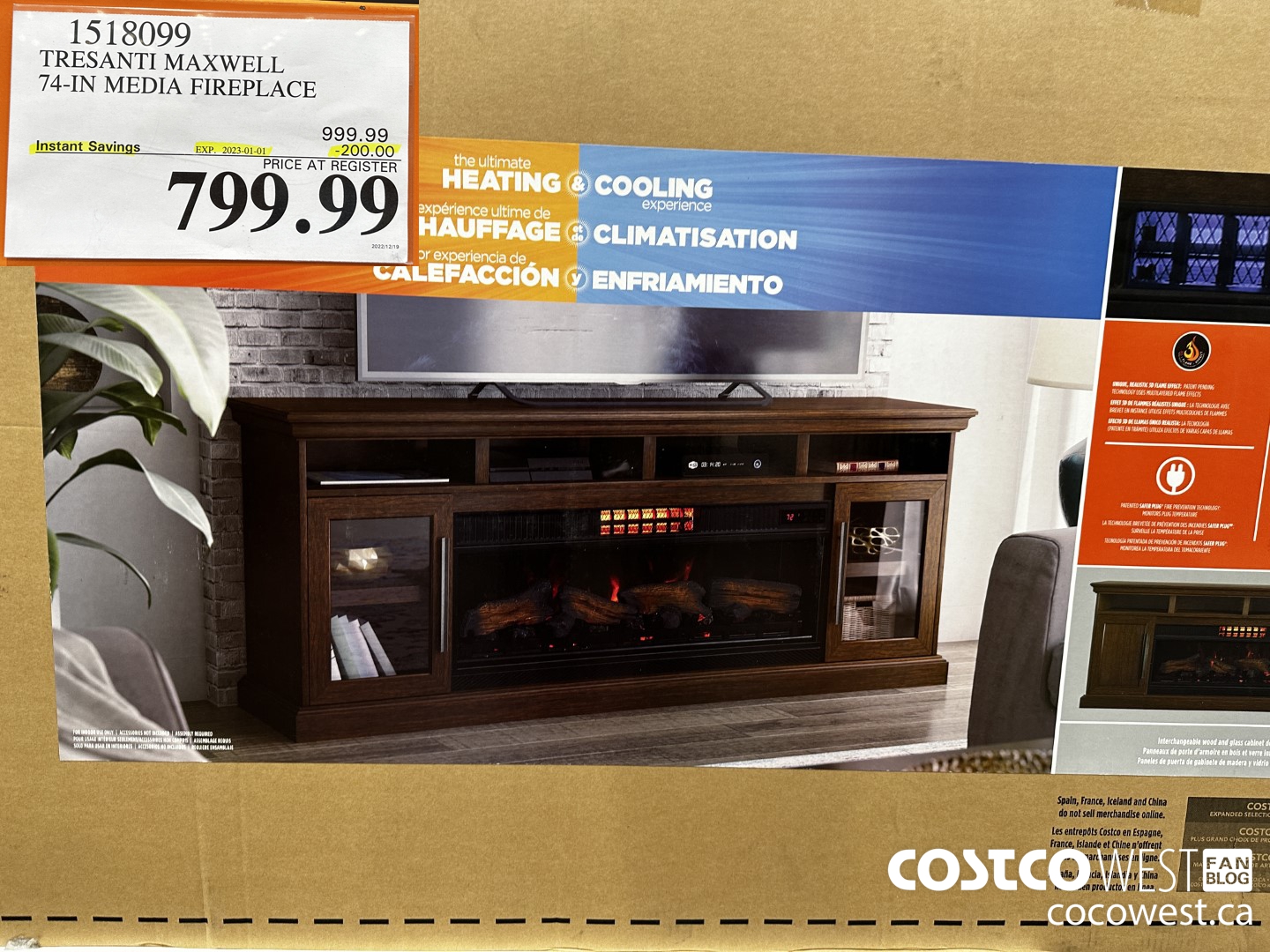 1518099 TRESANTI MAXWELL 74-IN MEDIA FIREPLACE ($200.00 INSTANT SAVINGS EXPIRES ON 2023-01-01) $799.99