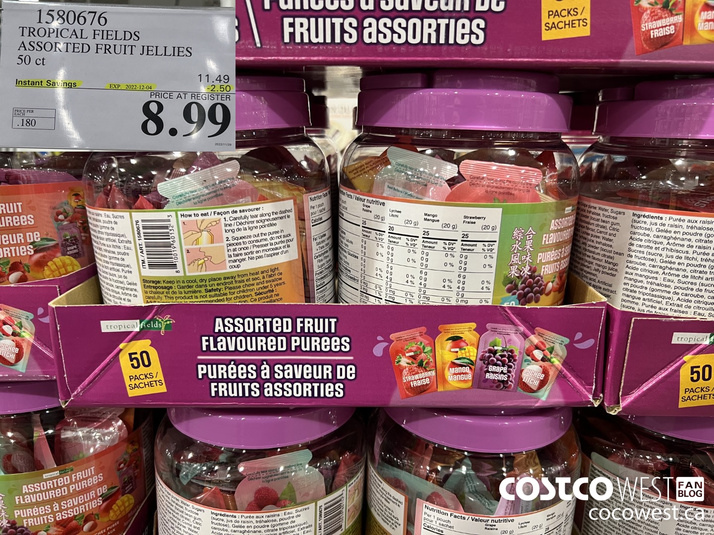 1580676 TROPICAL FIELDS ASSORTED FRUIT JELLIES 50 ct ($2.50 INSTANT SAVINGS EXPIRES ON 2022-12-04) $8.99