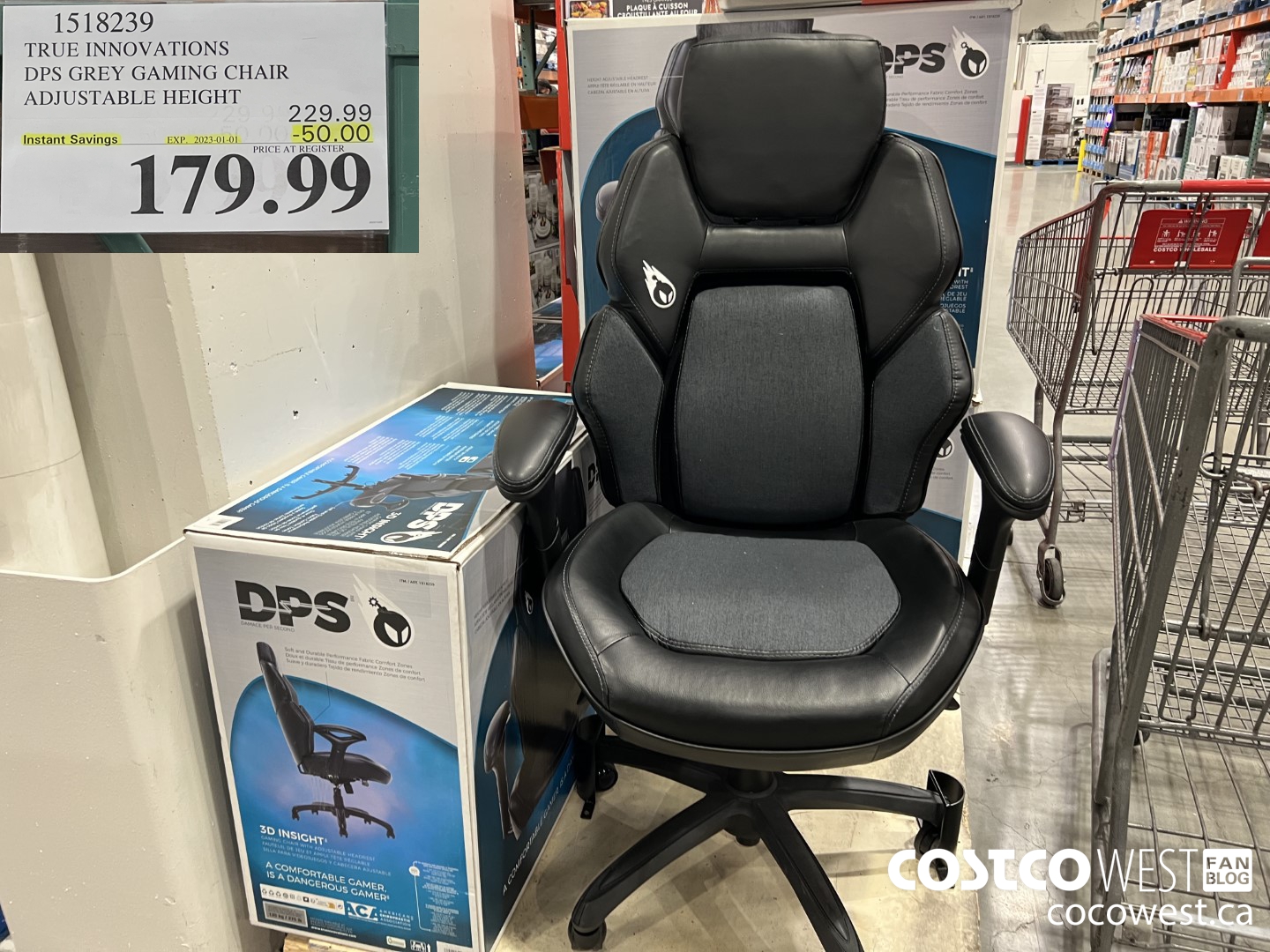 1518239 TRUE INNOVATIONS DPS GREY GAMING CHAIR ADJUSTABLE HEIGHT ($50.00 INSTANT SAVINGS EXPIRES ON 2023-01-01) $179.99