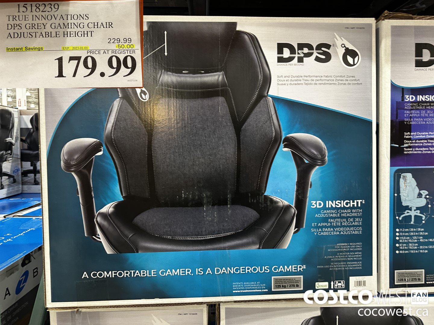 1518239 TRUE INNOVATIONS DPS GREY GAMING CHAIR ADJUSTABLE HEIGHT ($50.00 INSTANT SAVINGS EXPIRES ON 2023-01-01) $179.99