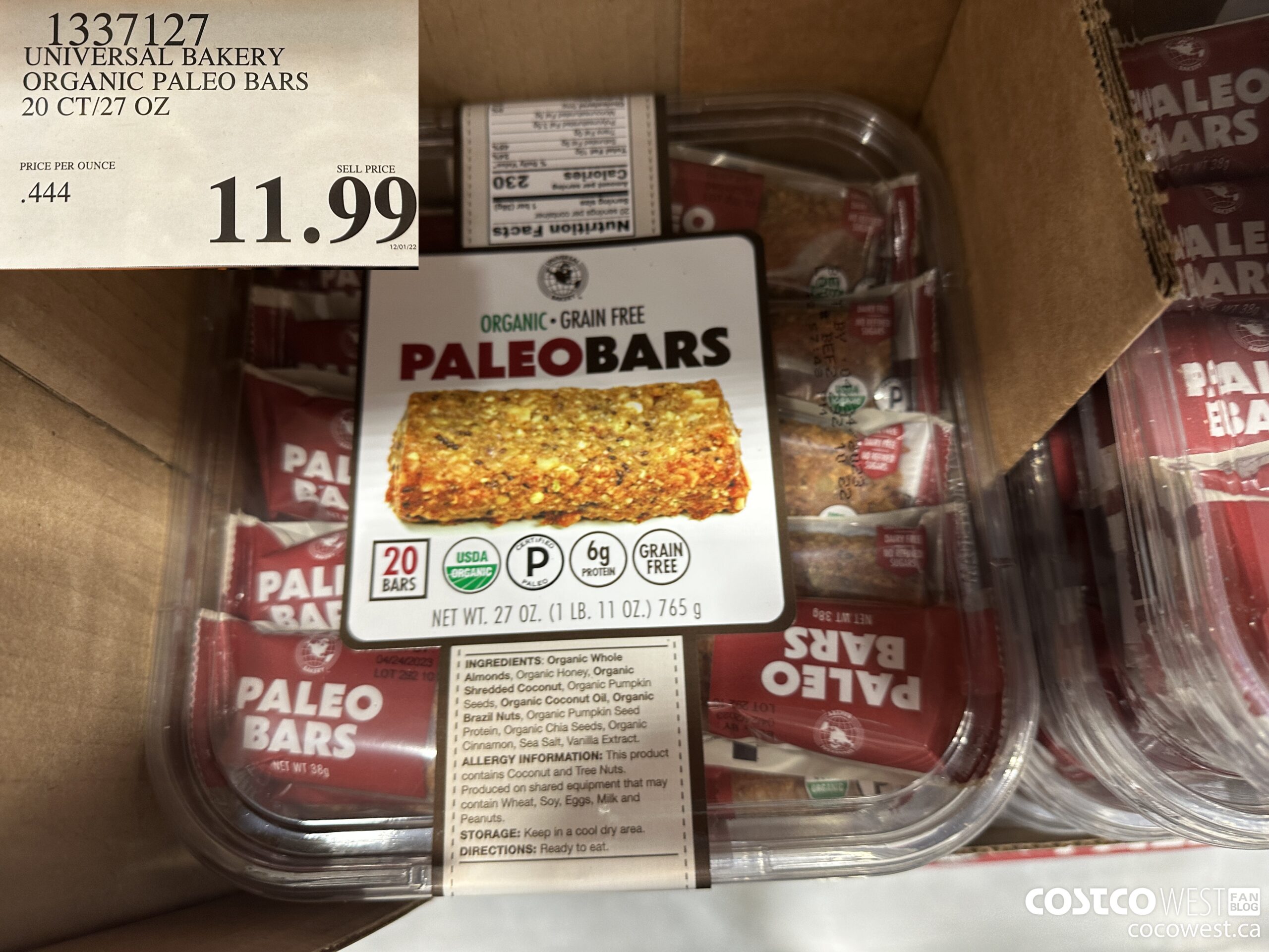 1337127 UNIVERSAL BAKERY ORGANIC PALEO BARS 20 CT/27 OZ $11.99