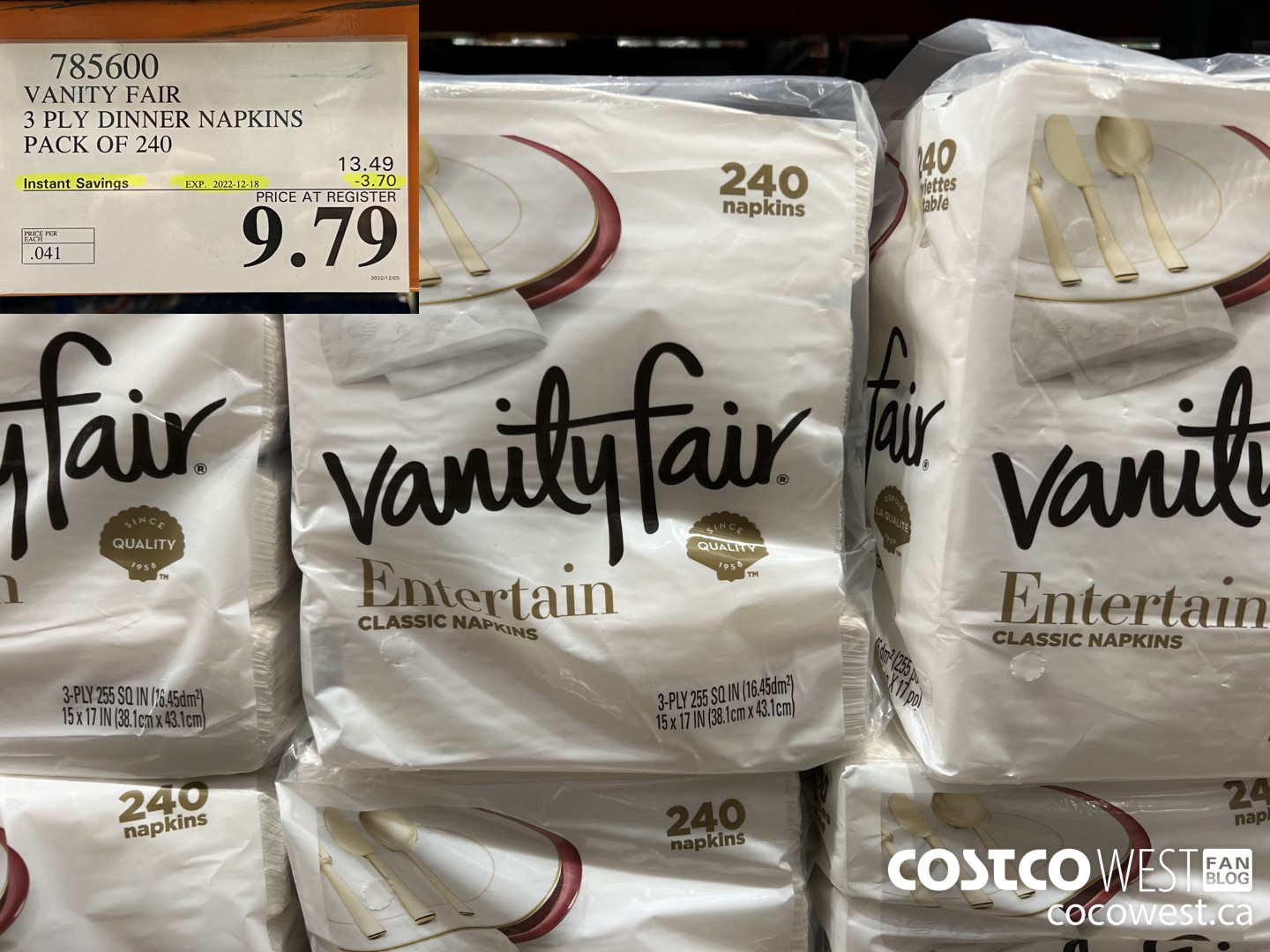 785600 VANITY FAIR 3 PLY DINNER NAPKINS PACK OF 240 ($3.70 INSTANT SAVINGS EXPIRES ON 2022-12-18) $9.79