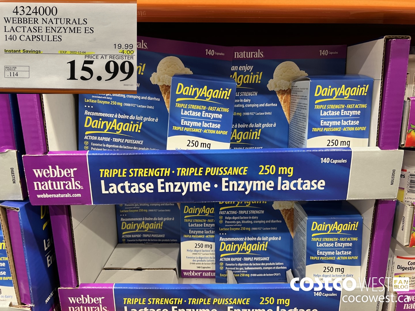 4324000 WEBBER NATURALS LACTASE ENZYME ES 140 CAPSULES ($4.00 INSTANT SAVINGS EXPIRES ON 2022-12-04) $15.99