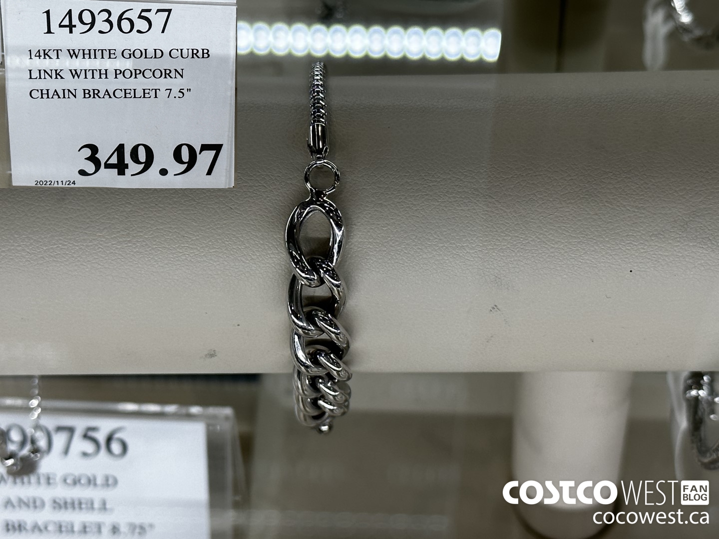 1493657 14KT WHITE GOLD CURB LINK WITH POPCORN CHAIN BRACELET 7.5