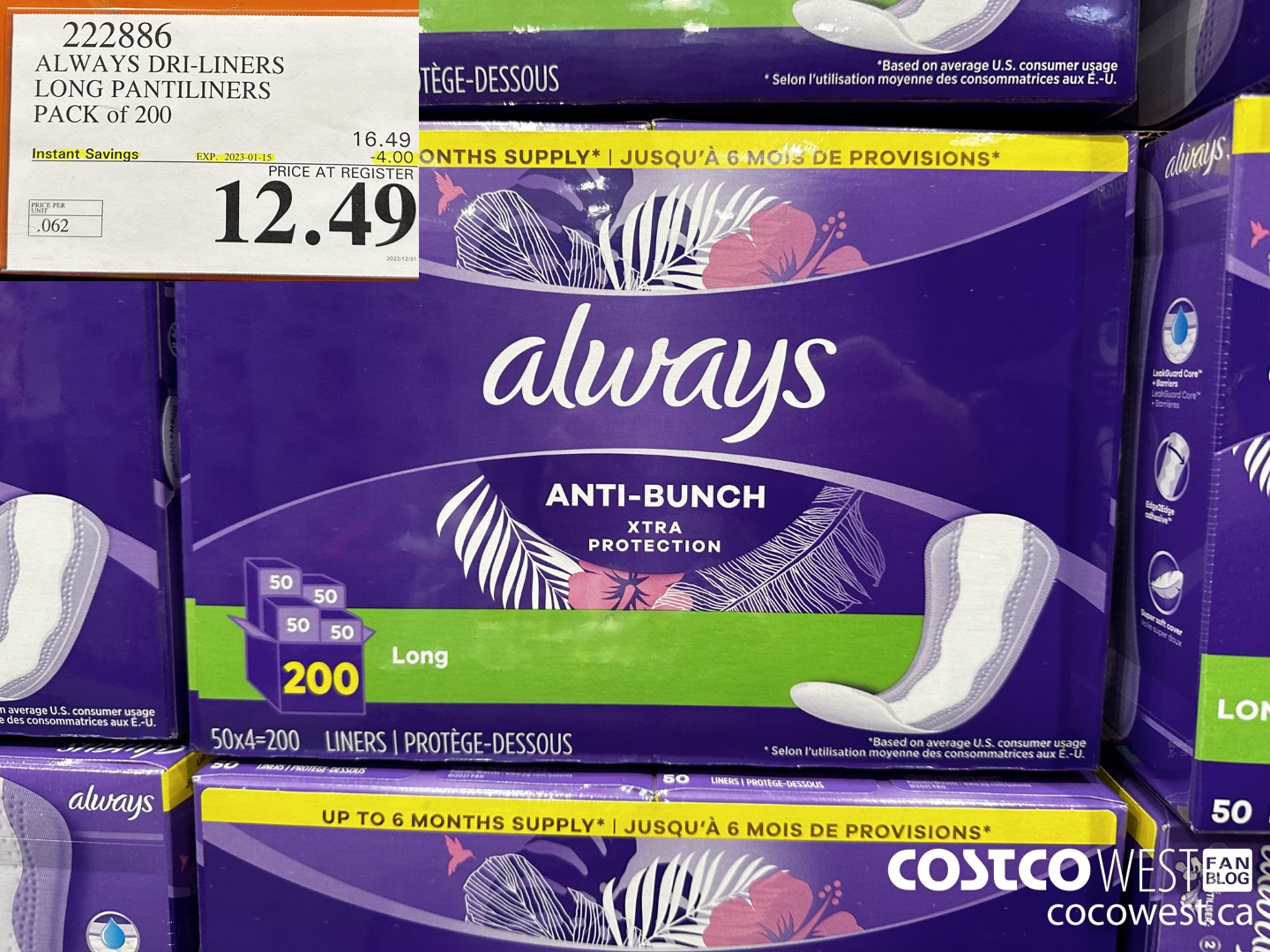 222886 ALWAYS DRI-LINERS LONG PANTILINERS PACK OF 200 ($4.00 INSTANT SAVINGS EXPIRES ON 2023-01-15) $12.49