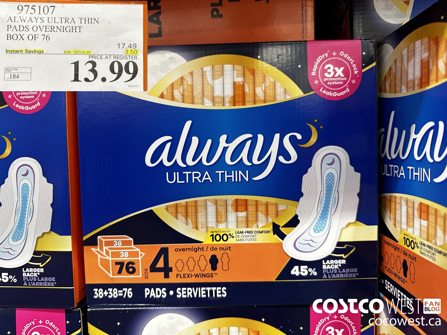 975107 ALWAYS ULTRA THIN PADS OVERNIGHT BOX OF 76 ($3.50 INSTANT SAVINGS EXPIRES ON 2023-01-29) $13.99