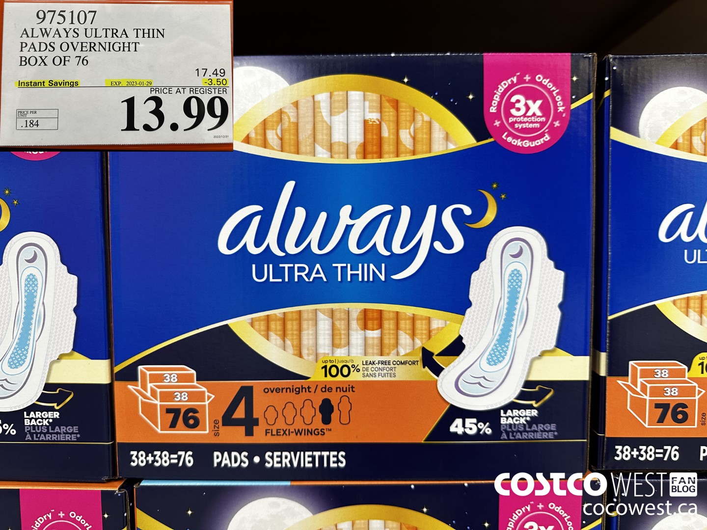 975107 ALWAYS ULTRA THIN PADS OVERNIGHT BOX OF 76 ($3.50 INSTANT SAVINGS EXPIRES ON 2023-01-29) $13.99