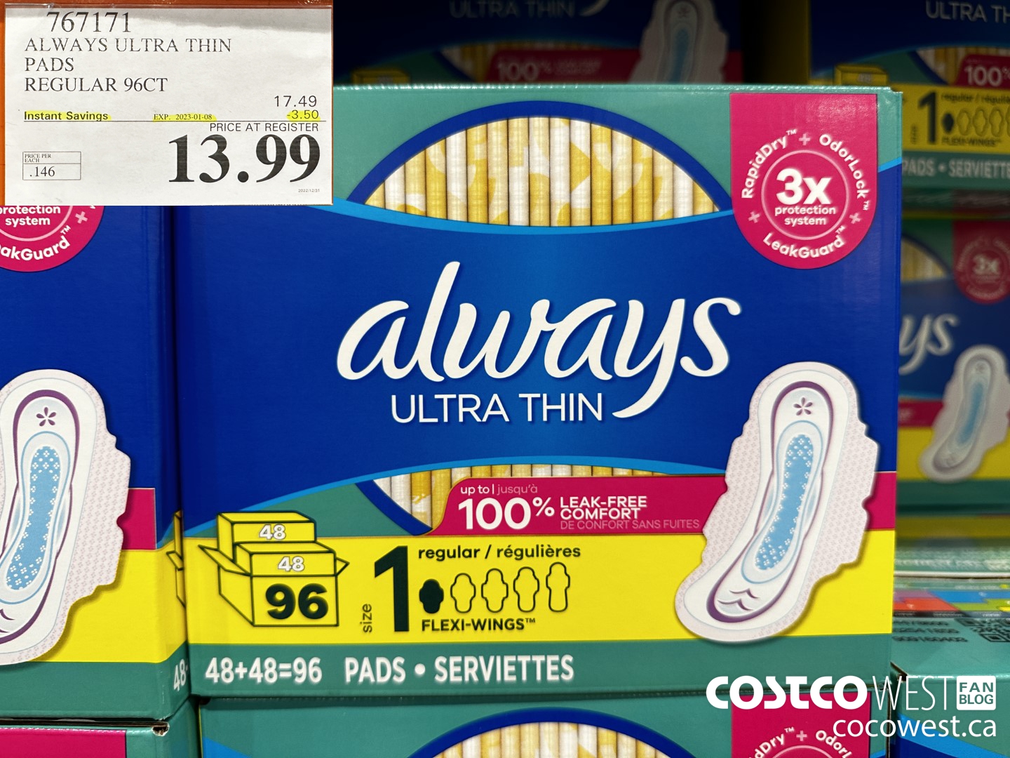 767171 ALWAYS ULTRA THIN PADS REGULAR 96CT ($3.50 INSTANT SAVINGS EXPIRES ON 2023-01-08) $13.99