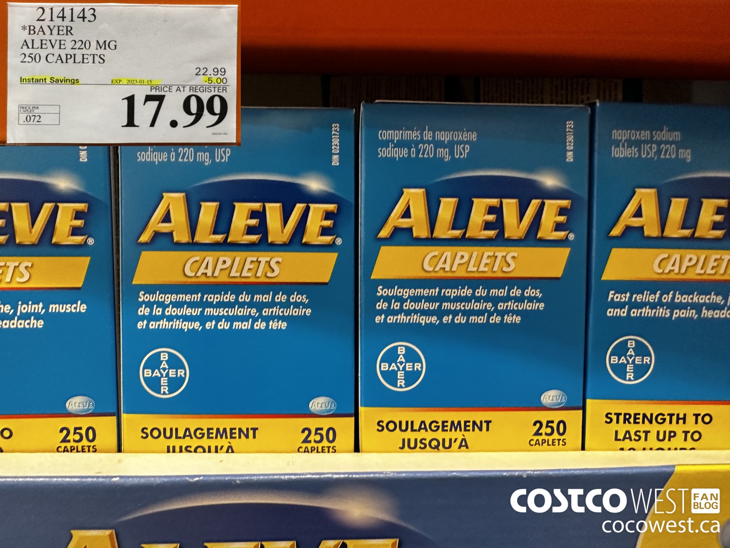 214143 BAYER ALEVE 220 MG 250 CAPLETS ($5.00 INSTANT SAVINGS EXPIRES ON 2023-01-15) $17.99