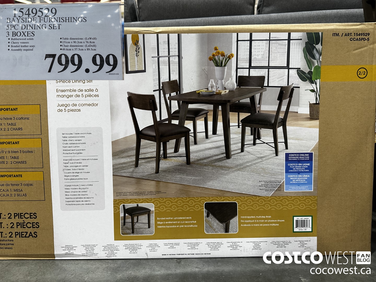 1549529 BAYSIDE FURNISHINGS 5PC DINING SET 3 BOXES $799.99