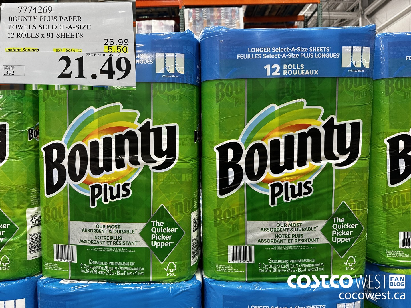 7774269 BOUNTY PLUS PAPER TOWELS SELECT-A-SIZE 12 ROLLS x 91 SHEETS ($5.50 INSTANT SAVINGS EXPIRES ON 2023-01-29) $21.49