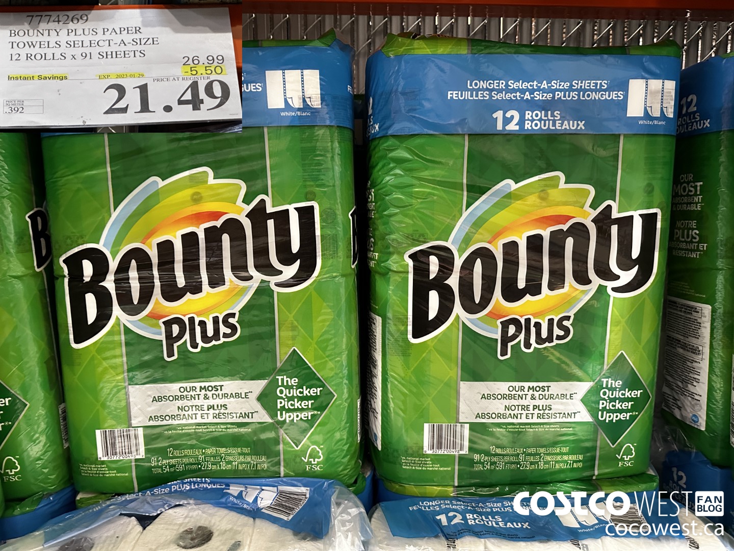 7774269 BOUNTY PLUS PAPER TOWELS SELECT-A-SIZE 12 ROLLS x 91 SHEETS ($5.50 INSTANT SAVINGS EXPIRES ON 2023-01-29) $21.49