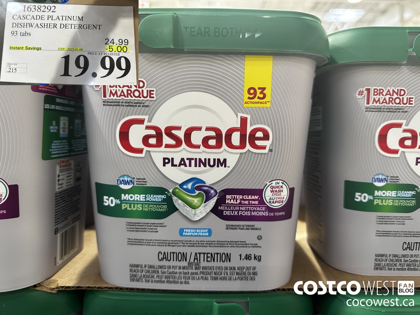 1638292 CASCADE PLATINUM DISHWASHER DETERGENT 93 tabs ($5.00 INSTANT SAVINGS EXPIRES ON 2023-01-08) $19.99