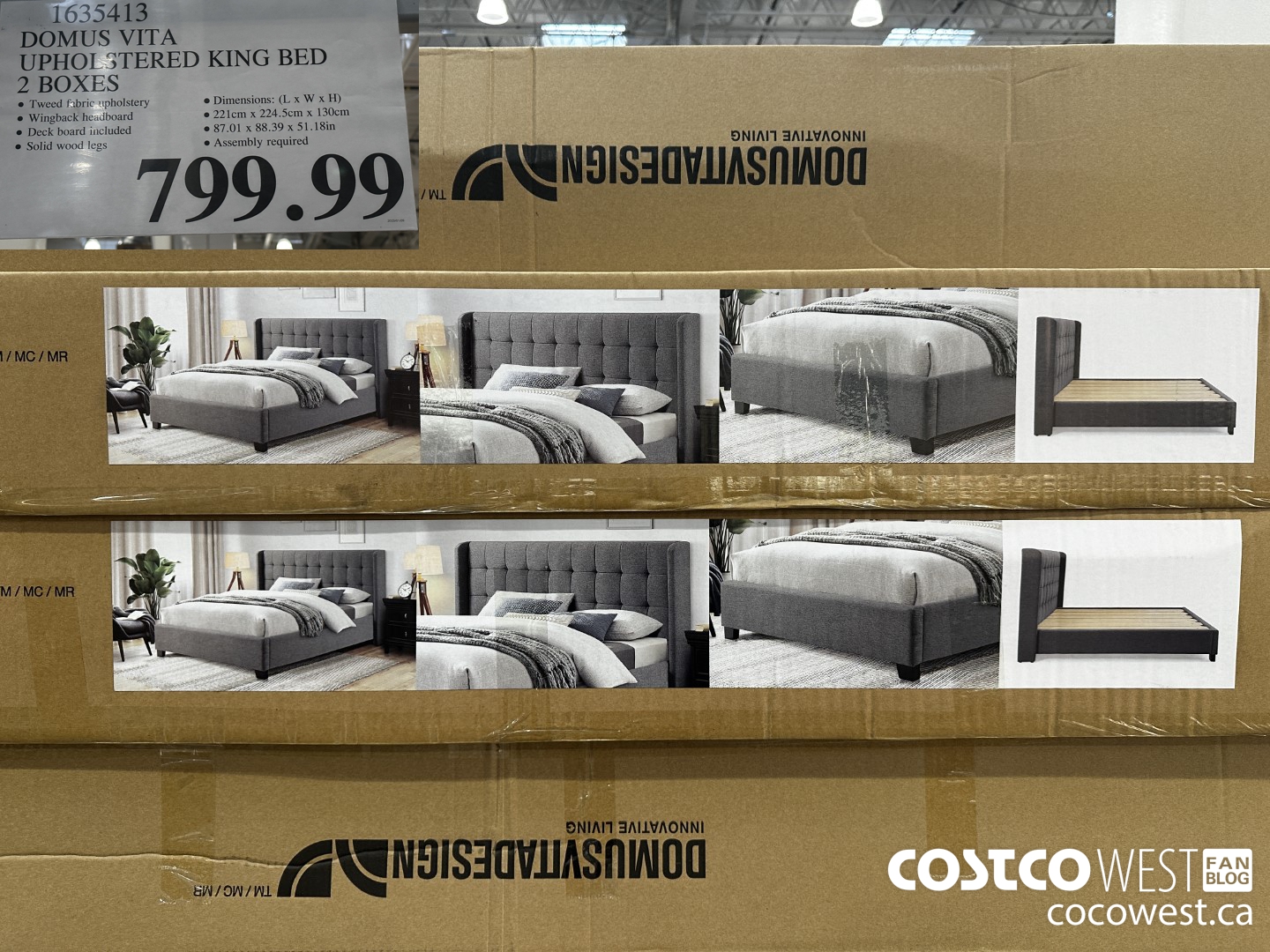 1635413 DOMUS VITA UPHOLSTERED KING BED 2 BOXES $799.99