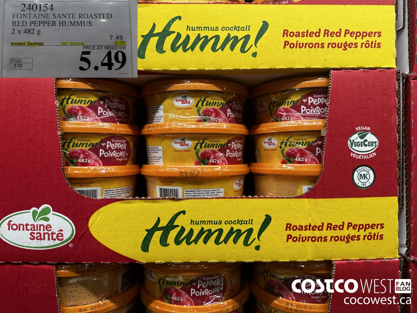 240154 FONTAINE SANTE ROASTED RED PEPPER HUMMUS 2 X 482 G ($2.00 INSTANT SAVINGS EXPIRES ON 2023-01-08) $5.49