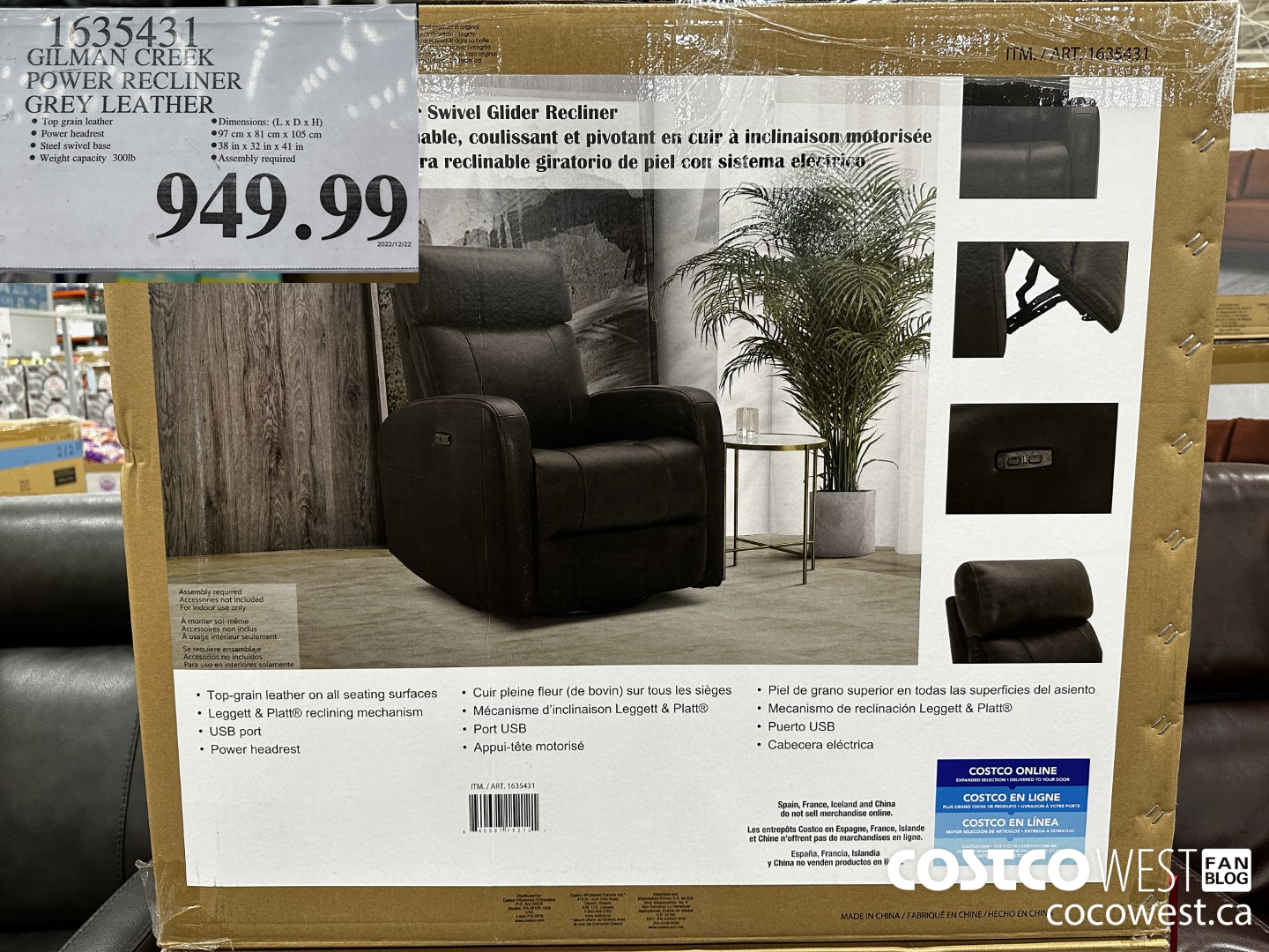 1635431 GILMAN CREEK POWER RECLINER GREY LEATHER $949.99