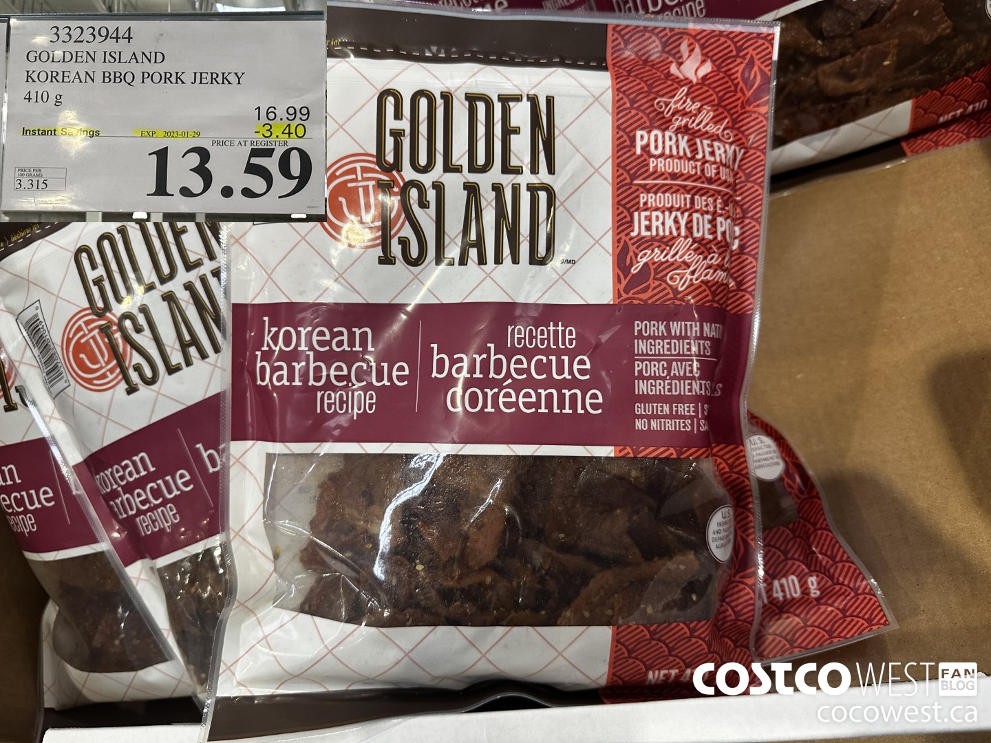 3323944 GOLDEN ISLAND KOREAN BBQ PORK JERKY 410G ($3.40 INSTANT SAVINGS EXPIRES ON 2023-01-29) $13.59