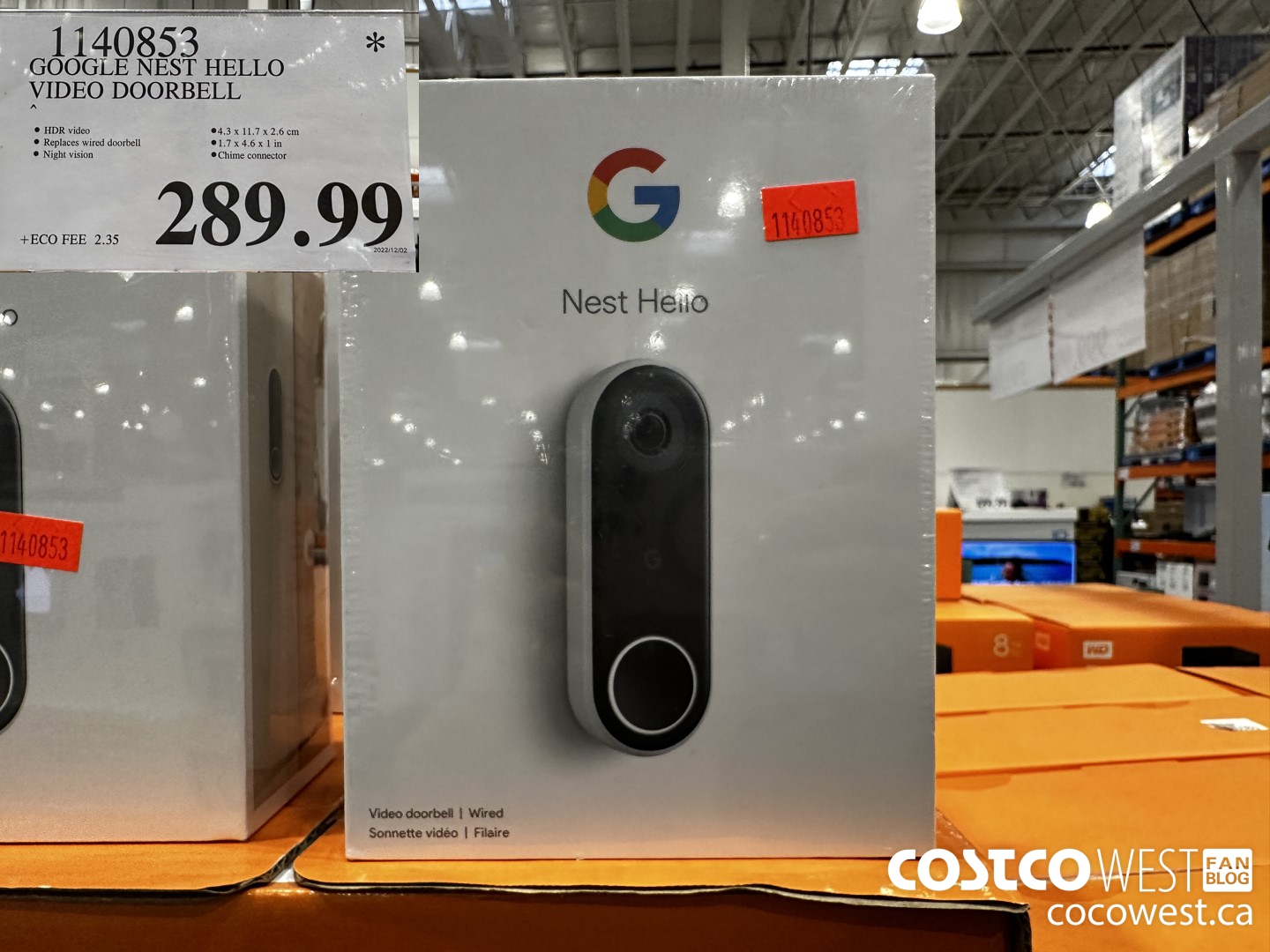 1140853 GOOGLE NEST HELLO VIDEO DOORBELL $289.99