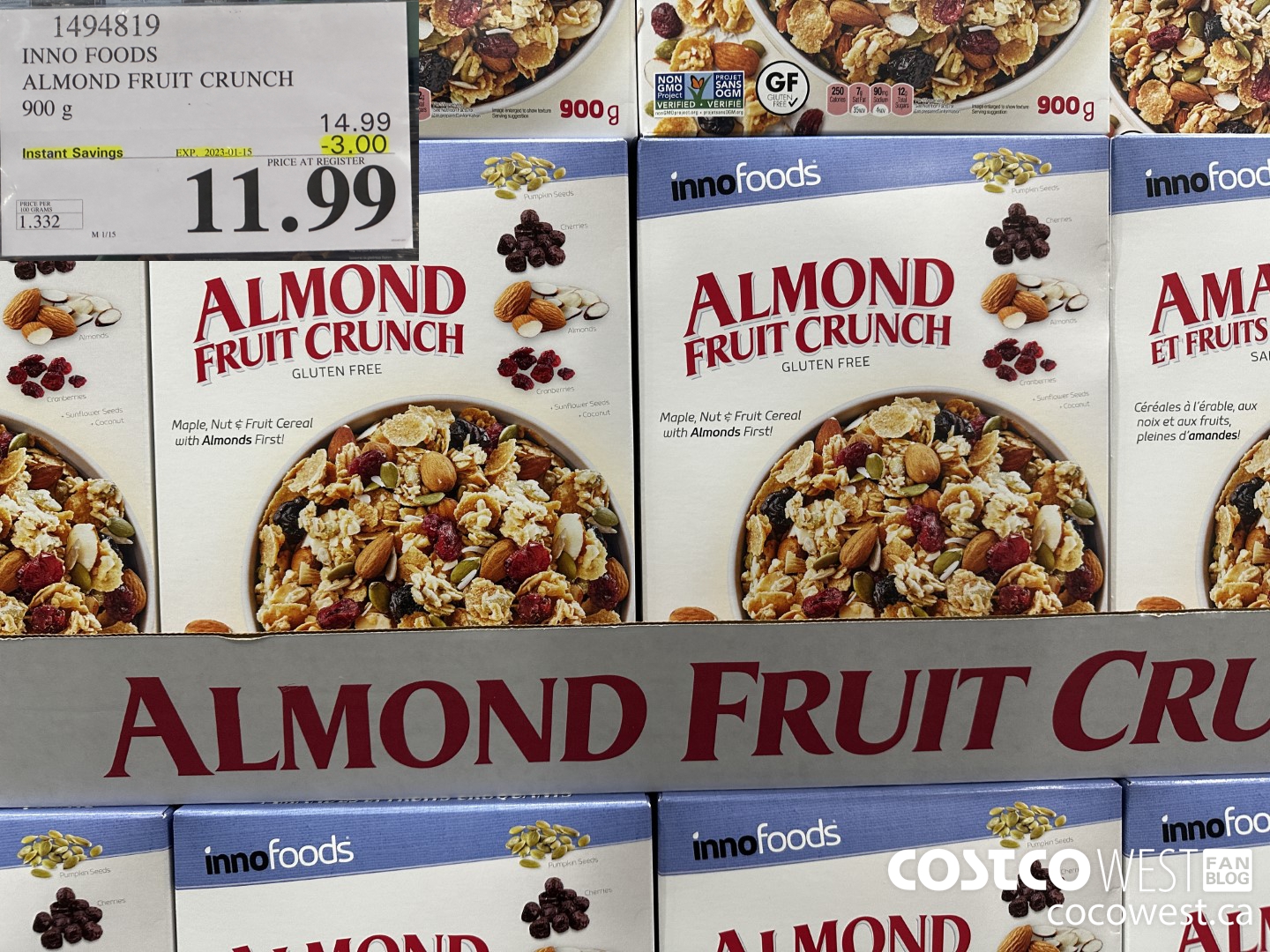 1494819 INNO FOODS ALMOND FRUIT CRUNCH 900 g ($3.00 INSTANT SAVINGS EXPIRES ON 2023-01-15) $11.99