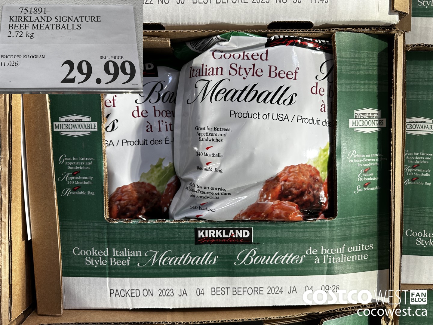 751891 KIRKLAND SIGNATURE BEEF MEATBALLS 2.72 kg $29.99